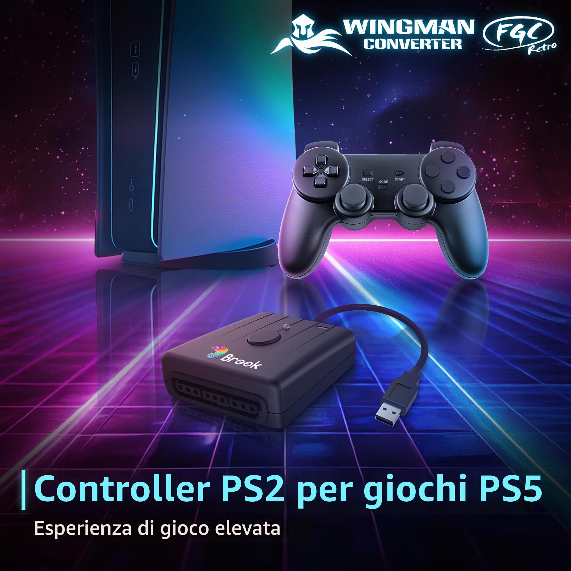 Brook Wingman FGC Retro con Portachiavi - PS1 & PS2 Controller per PS5, PS4, PC - Turbo, Remap, Macro - X-Input - Compatibile con tappetini da ballo, arcade, controller di gioco ritmico