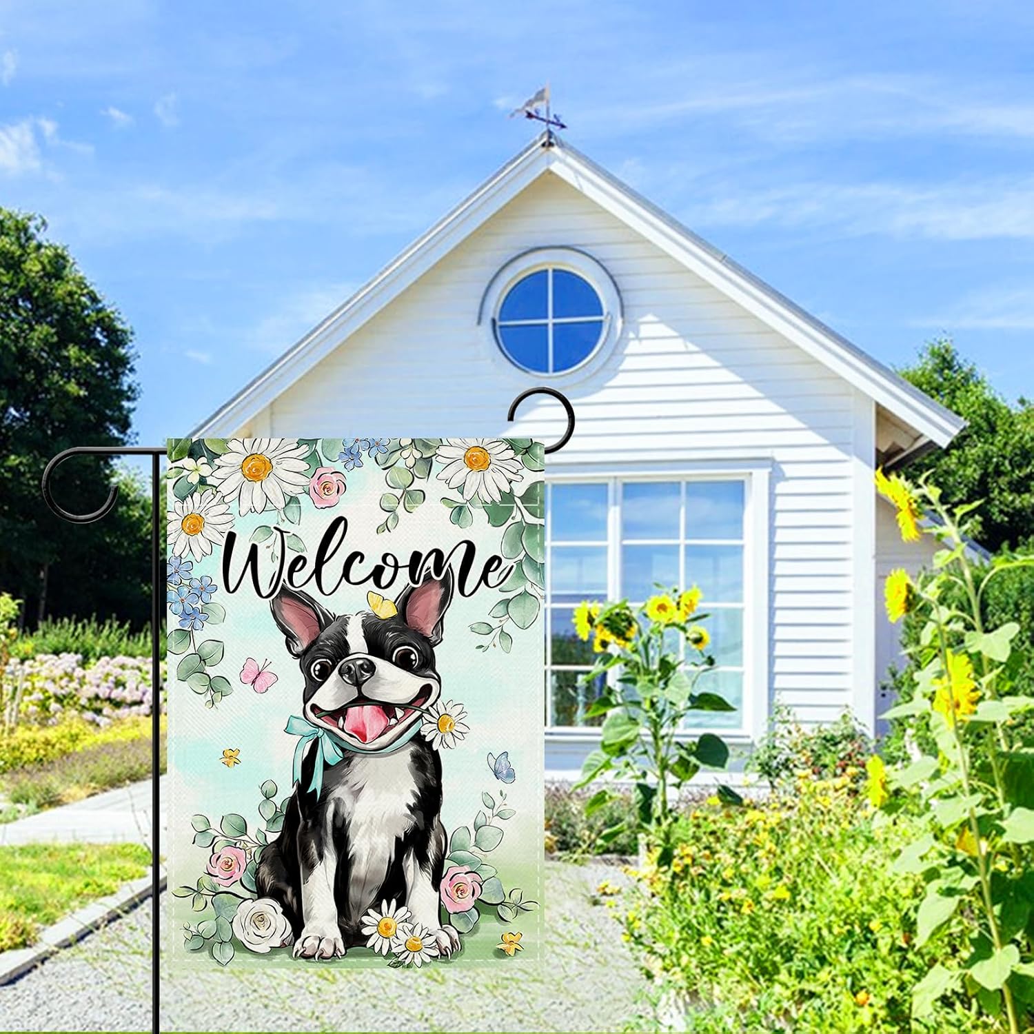 Welcome Spring Summer Boston Terrier Dog Decorative Garden Flag, Daisy Flower Leaves Yard Outside Decorations Pet Lover Gift, Seasonal Burlap Outdoor Small Home Decor Double Sided 12 x 18 - Image 5