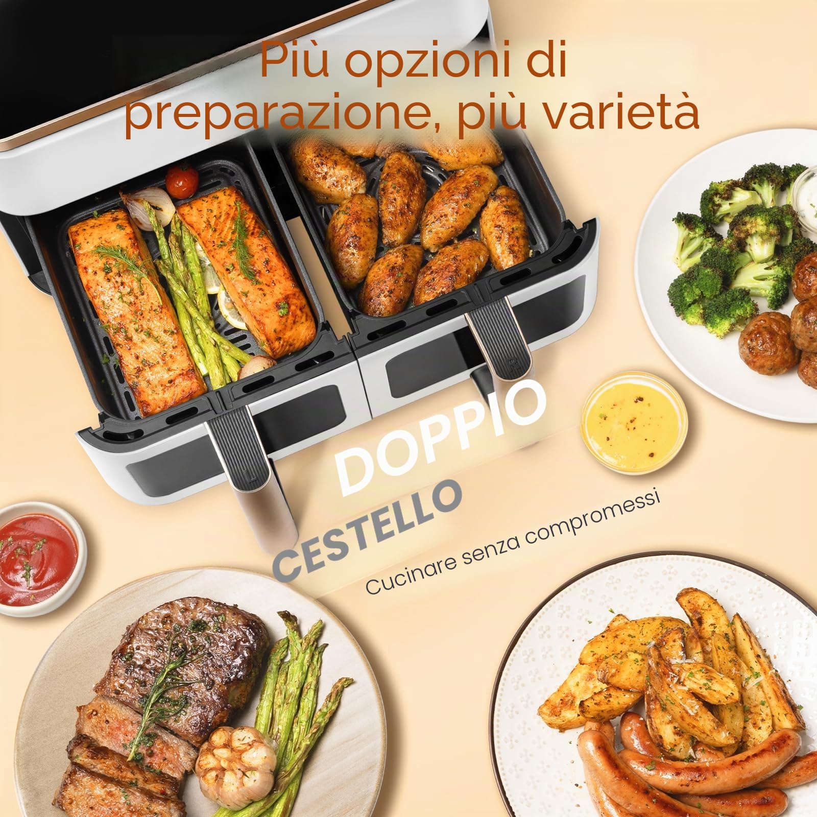 COSORI Airfryer, vincitore del test Stiftung Warentest, friggitrice ad aria calda 2 camere con finestra di visualizzazione, interno in metallo riduce il contatto in plastica