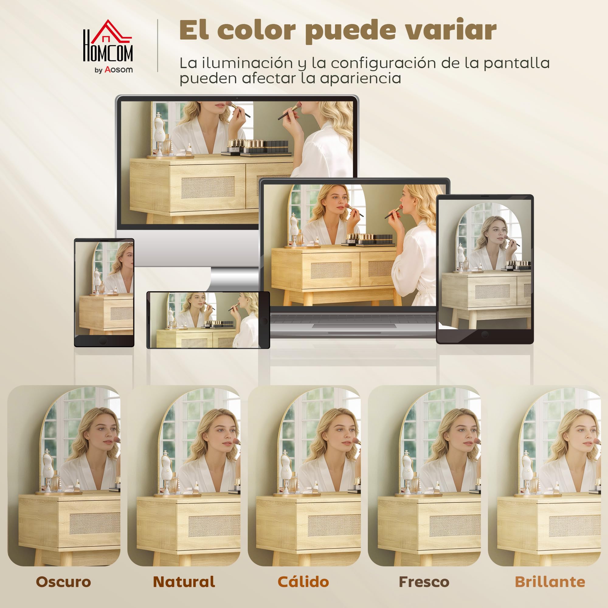 HOMCOM Tocador con Espejo Arqueado, Mesa de Maquillaje Moderna con 2 Cajones con Frontal de Ratán, Tocador de Maquillaje para Dormitorio, Espacios Pequeños, Natural