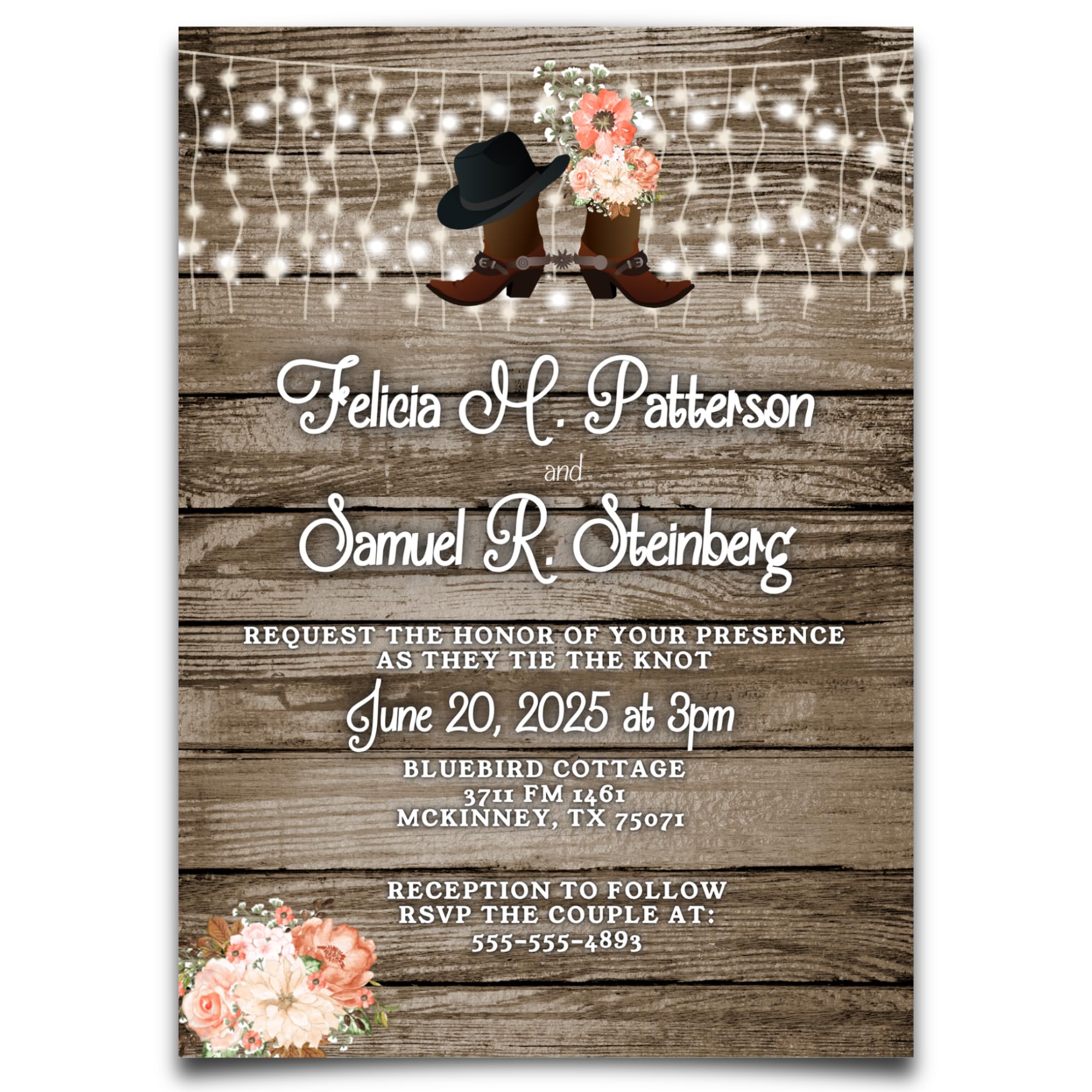 Country Rustic Personalized Boots Wedding Invitations Custom Printed Pink and Brown Invites with Envelopes