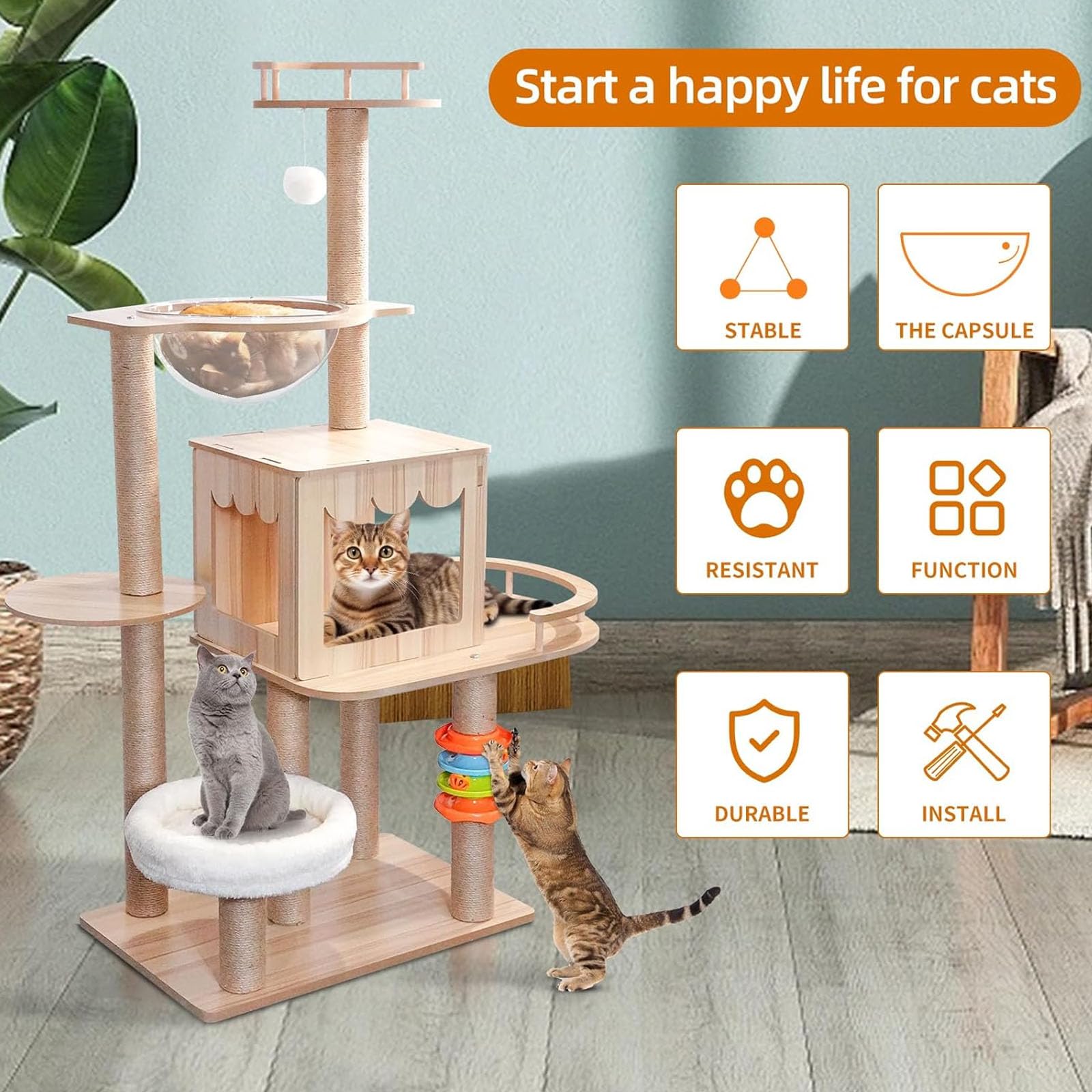 Árbol para Gatos, Moderna Torre para Gatos De Interior, Estructura De Madera De Densidad Media De 60" De Alto con Hamaca, Poste para Rascar Y Juguete para Gatos Pequeños Y Grandes