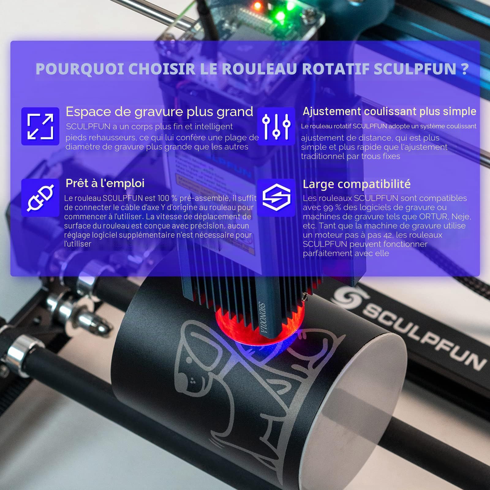 Rouleau rotatif laser SCULPFUN - Axe Y - Rotation à 360° pour la gravure laser d'objets cylindriques, boîtes (avec 4 pieds de surlignement)