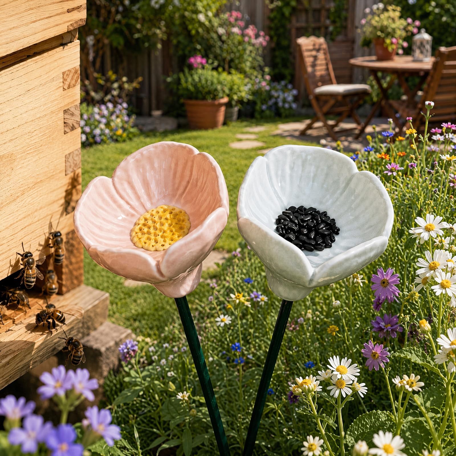 Ceramic Flowers for Bees, Bee Watering Station for Garden, Colorful Flower Bee Water Feeder and Butterfly Bird Bath Small Outdoor Garden Stake Yard Art Decor Gift for Patio Lawn Balcony Pots