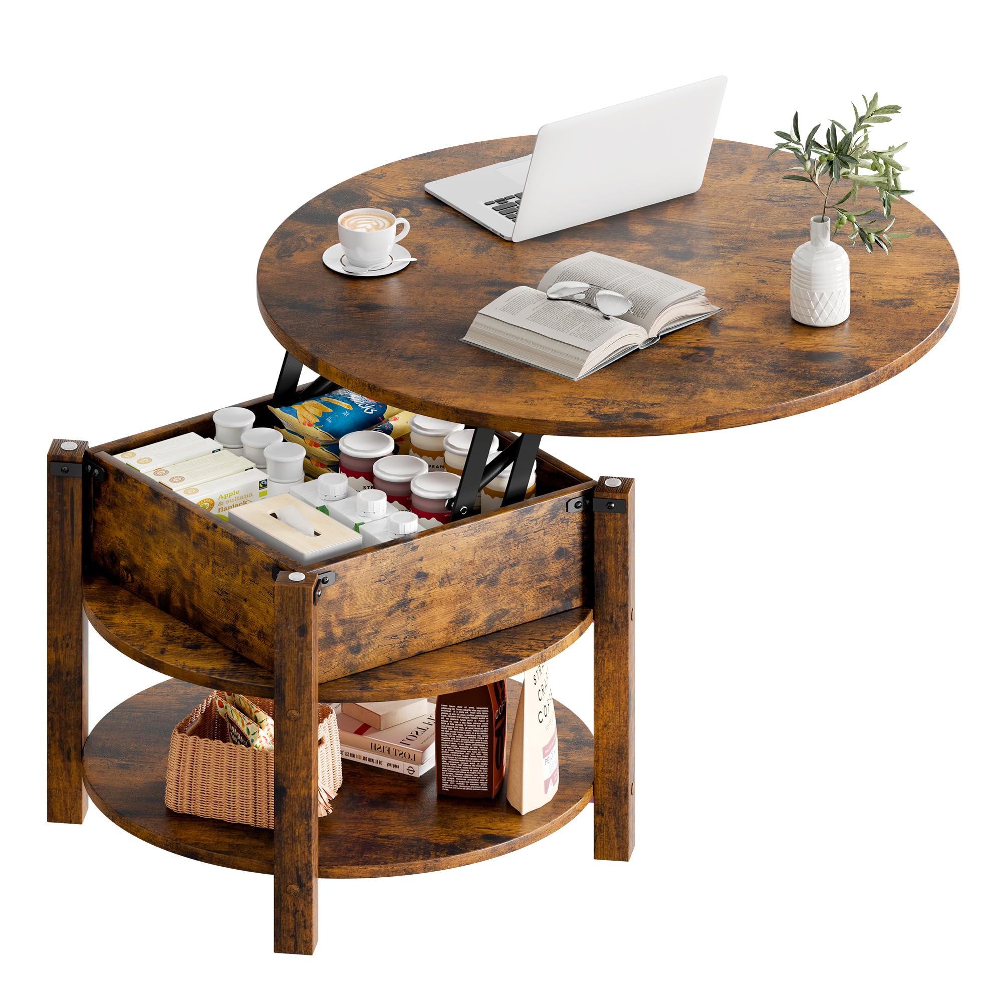 ELUCHANG Table Basse avec Rangement Caché RondeTable Basse Plateau Relevable 2 en 1 pour Salon et Bureau, Forte Charge Portante, 80x80cm, Marron Rustique