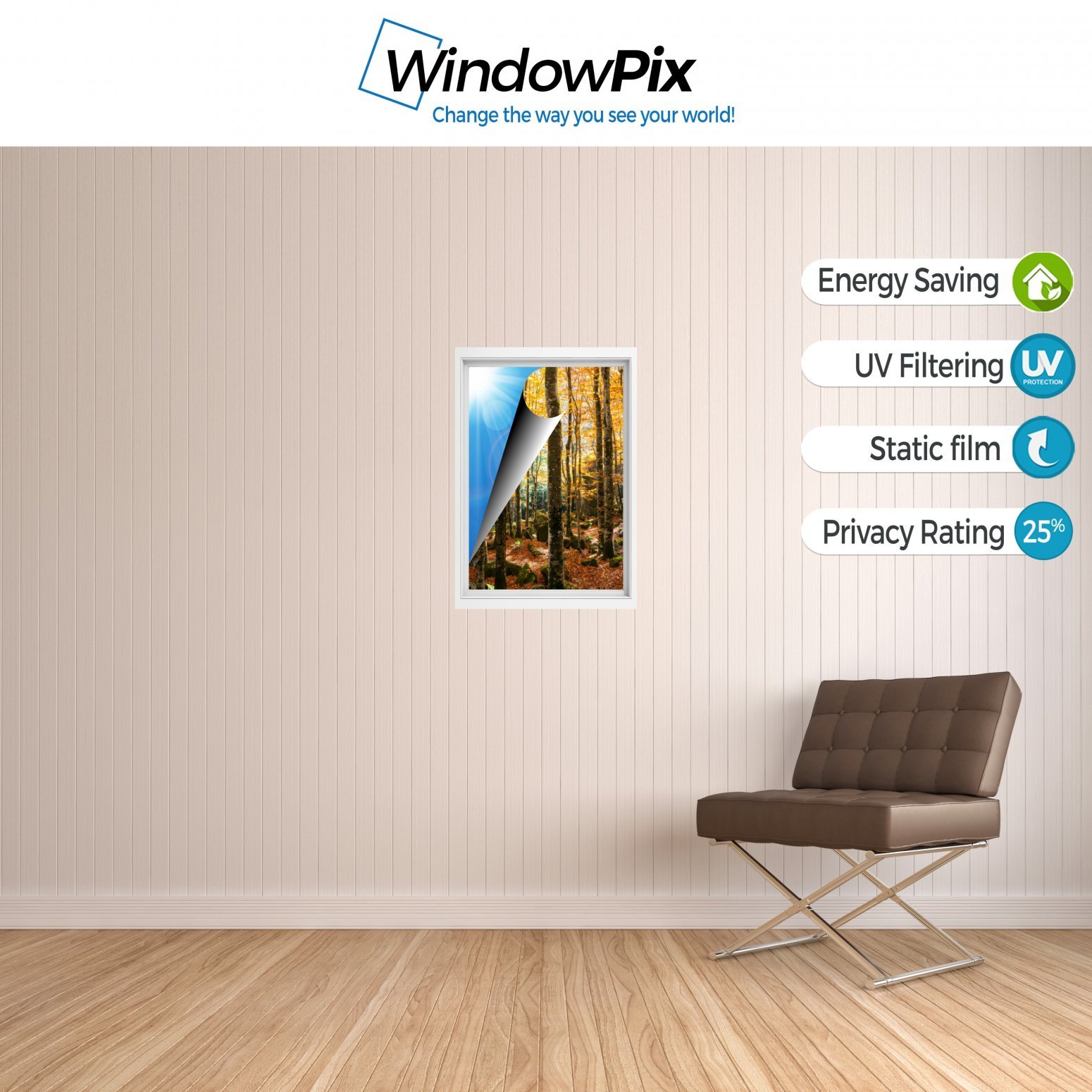 Windowpix 24x24 Inch Decorative Static Cling Window Film Fall Forest Path Printed on Clear for Window Glass Panels. UV Protection, Energy Saving.