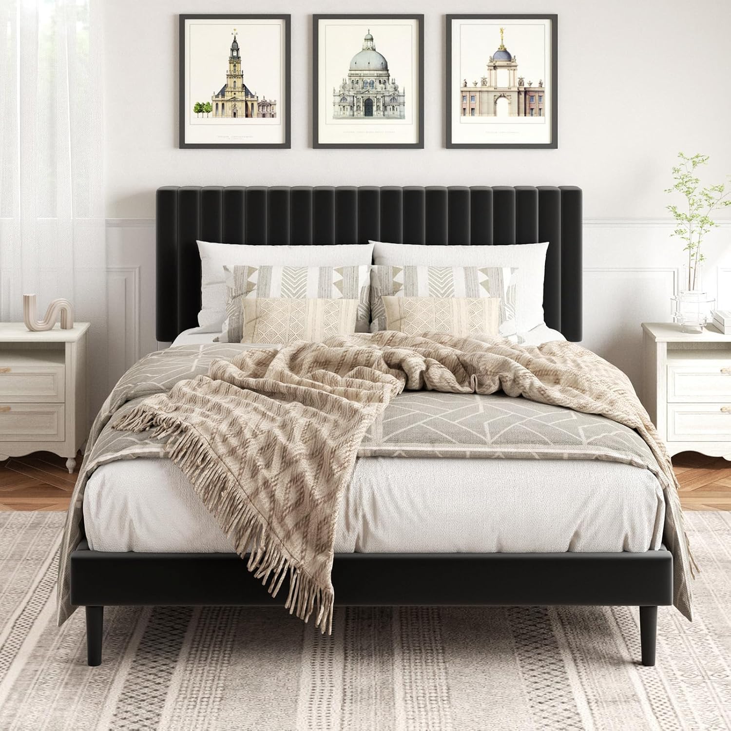 HAOARA Queen Size Platform Bed Frame with Velvet Upholstered Headboard, Queen Bed Frame with Strong Wood Slats, Box Spring Optional, Mattress Foundation, Easy Assembly Black