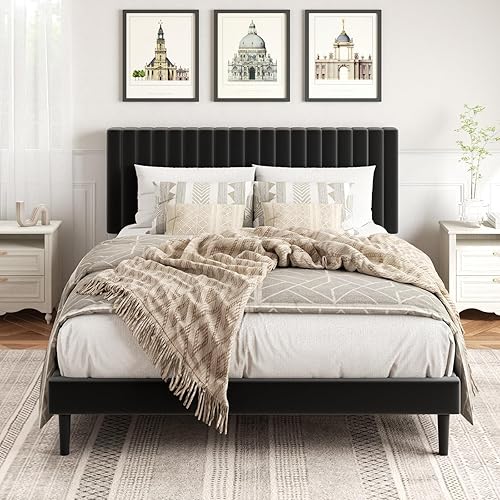 Miniatura 3 de Base de cama de plataforma tamaño Queen con cabecera tapizada de terciopelo, marco de cama Queen con listones de madera fuertes, somier opcional,