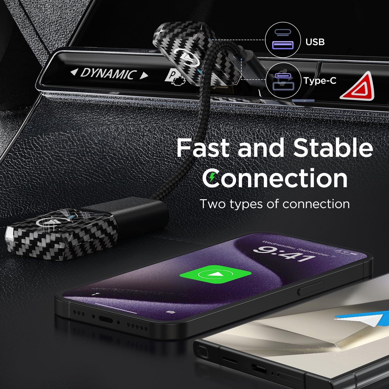MSXTTLY Bezprzewodowy Adapter CarPlay, Adapter Android Auto U2AC-01, Konwertuje przewodowe CarPlay/AA na bezprzewodowe, Kompatybilny z iPhone 17/16–5 Pro Max oraz Android 11+, USB-C/A, Czarny