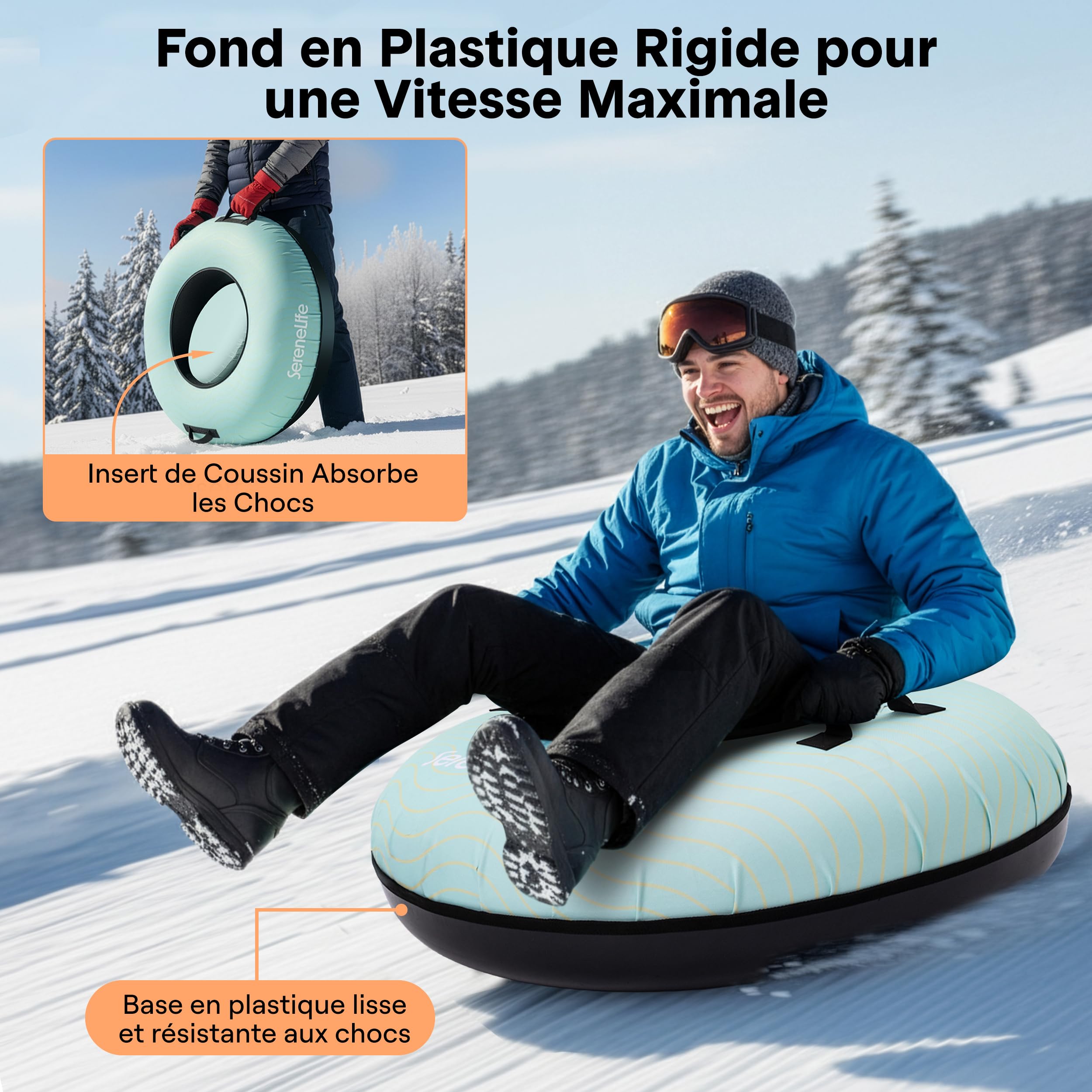 SereneLife Luge Gonflable 100 cm – Tube de Neige Résistant avec Coque Rigide et Housse Oxford – pour Enfants et Adultes