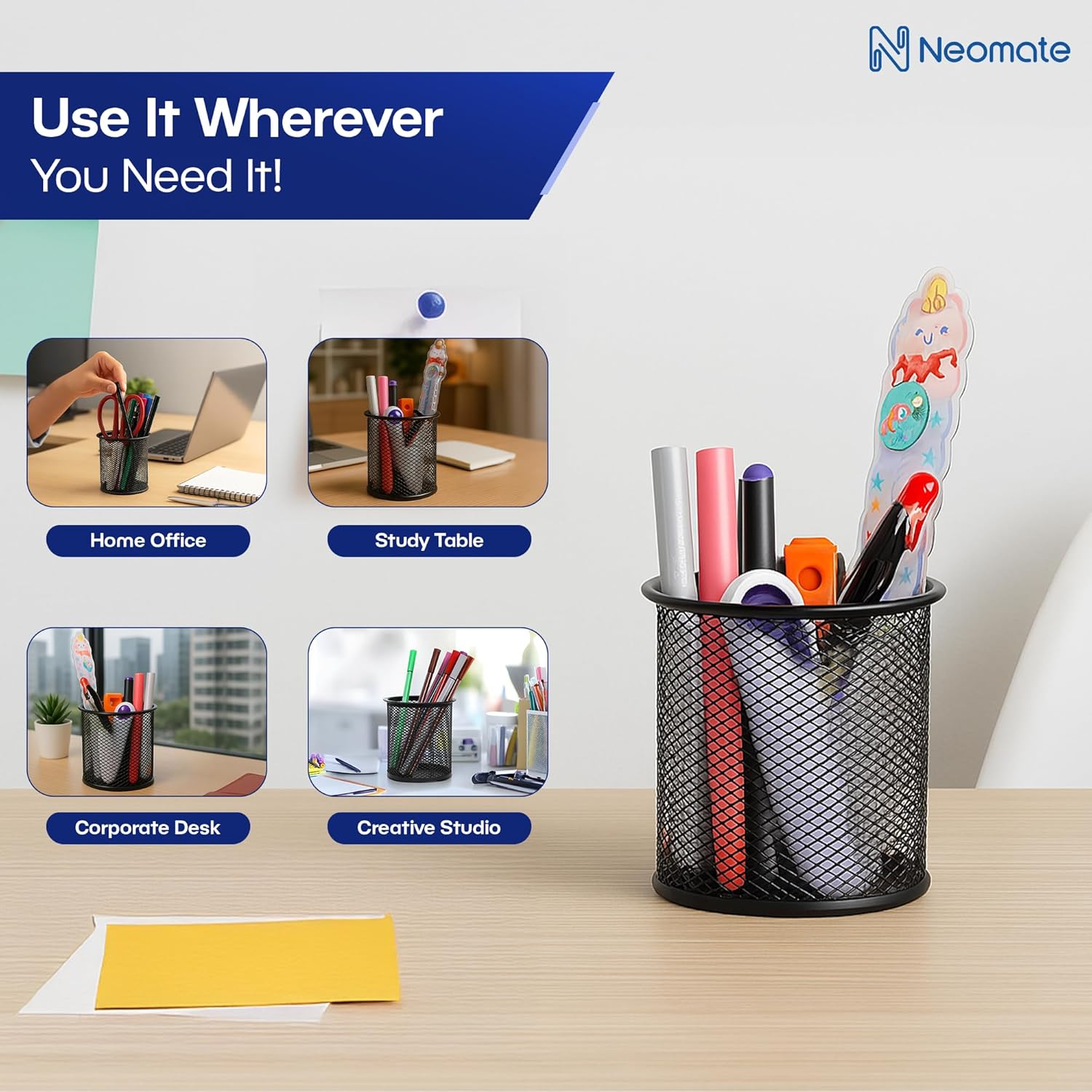 Metal Mesh Pencil Holder | Round Pen Cups For Stationery Desk Organizer | 4 Pcs Set | Wire Makeup Brush Holders, Classroom & Office Supplies-4, Black