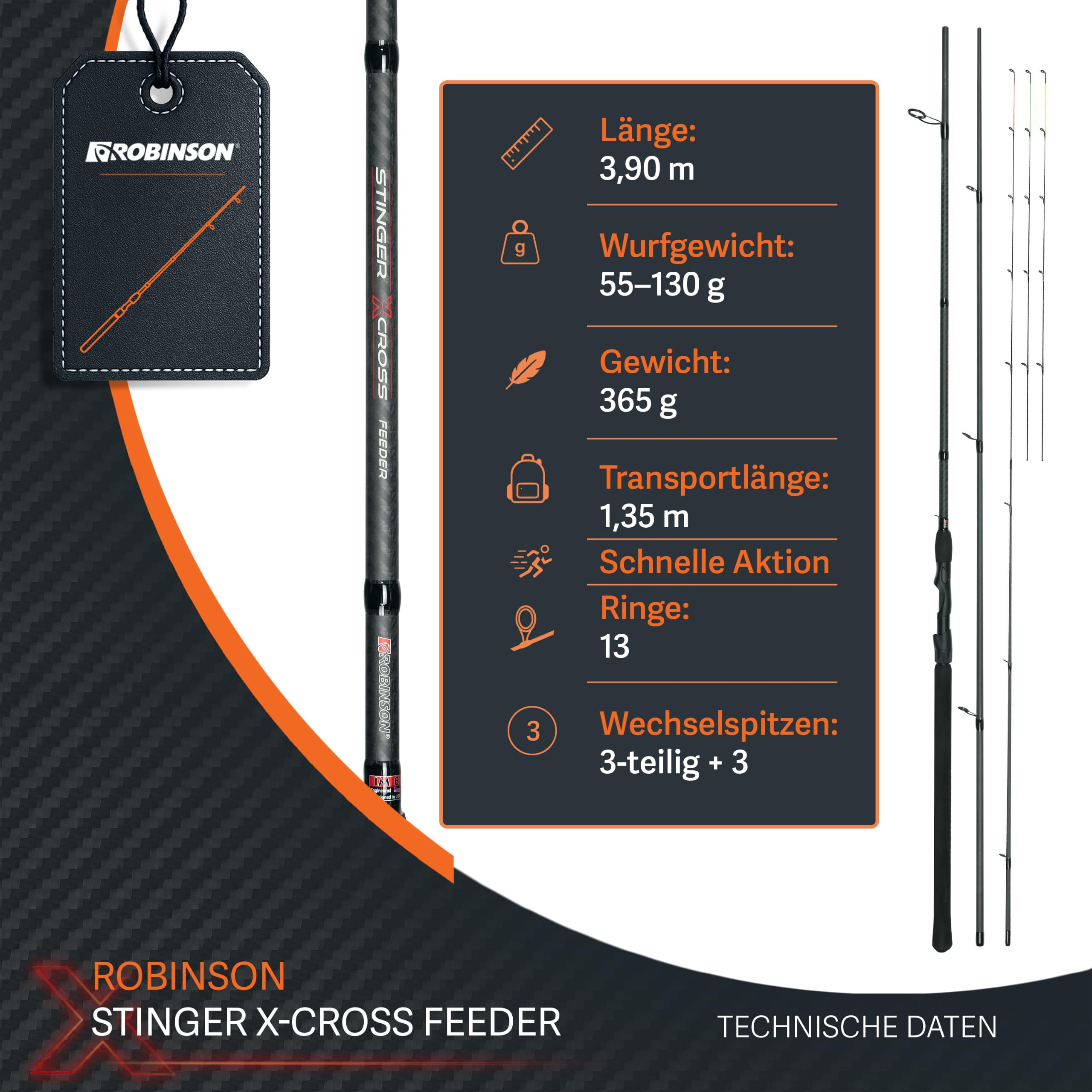 Robinson Feederrute Hochmodul-Carbon 3,30-3,90 m | 3 Wechselspitzen