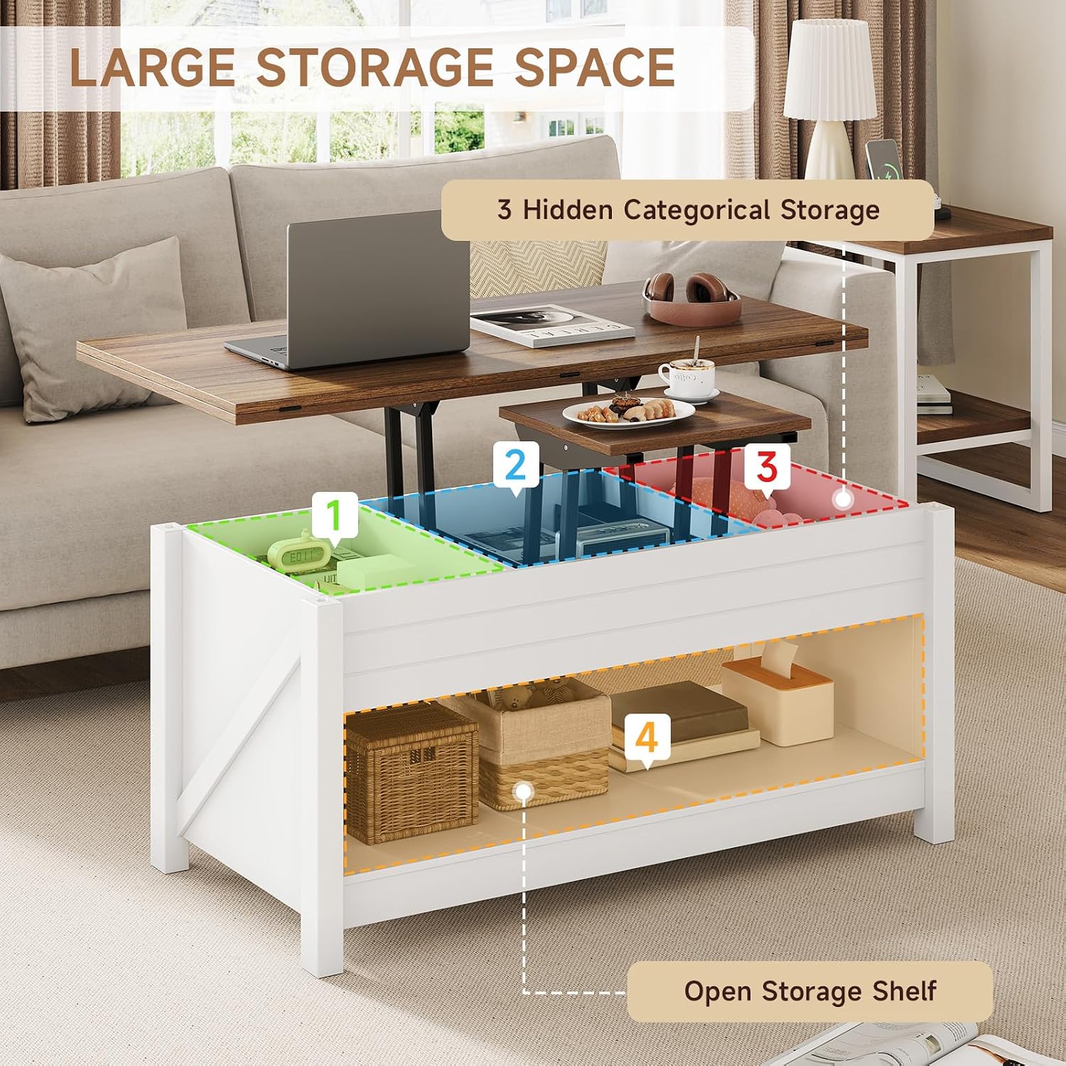 ONBRILL Lift Top Coffee Table With Storage, 3 in 1 Multi-Functional Rectangular Table With Hidden Compartments, Farmhouse Modern Convertible to Dining Table for Living Room, White
