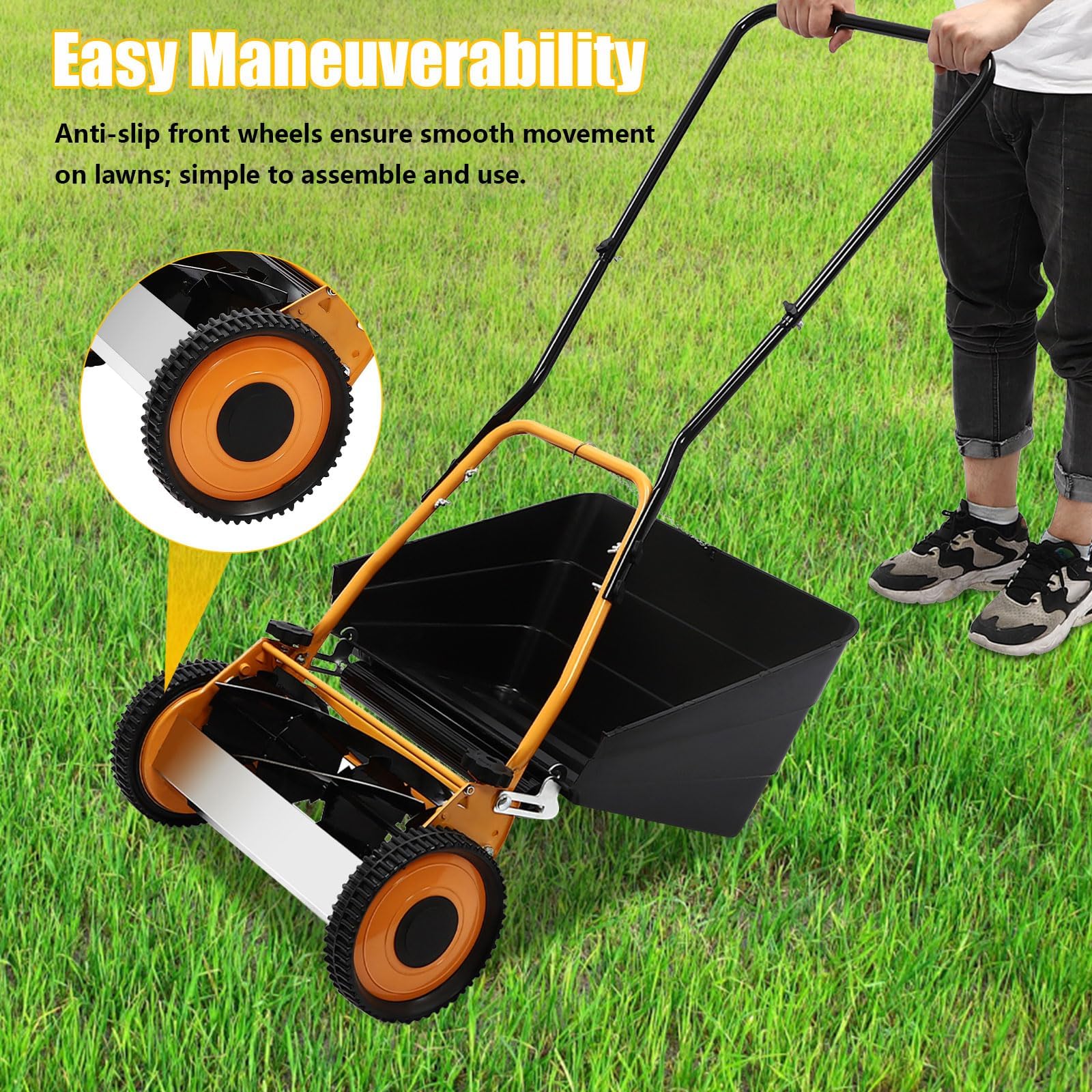 Cortacésped manual con carrete de empuje de 16 pulgadas, barredora de césped con caja de recogida, altura de corte ajustable de 0.47 a 1.65 pulgadas para patios pequeños y jardines