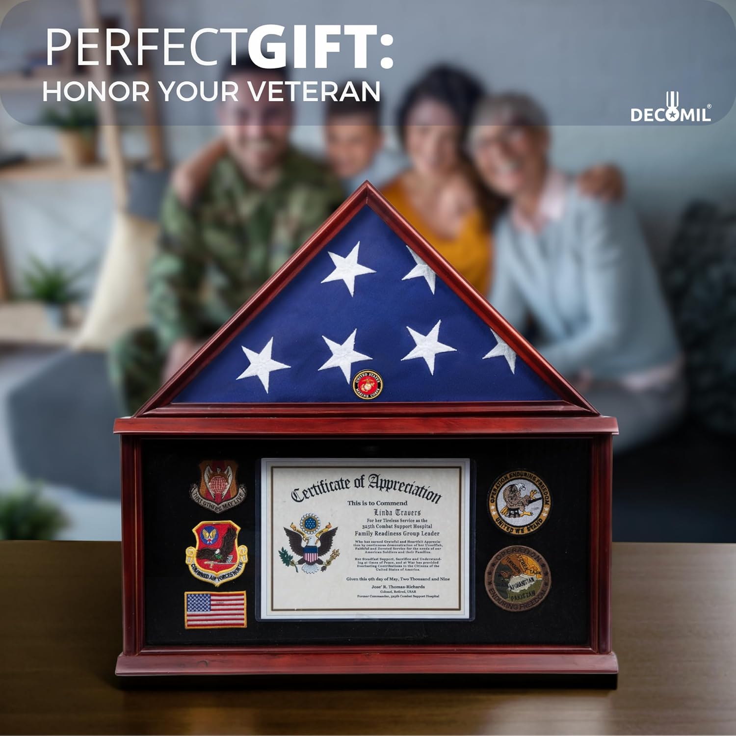 DECOMIL - Large Military Shadow Box Frame Memorial Burial Funeral Flag Display Case for 5x9 Flag, Solid Wood (Mahogany) (Marine)