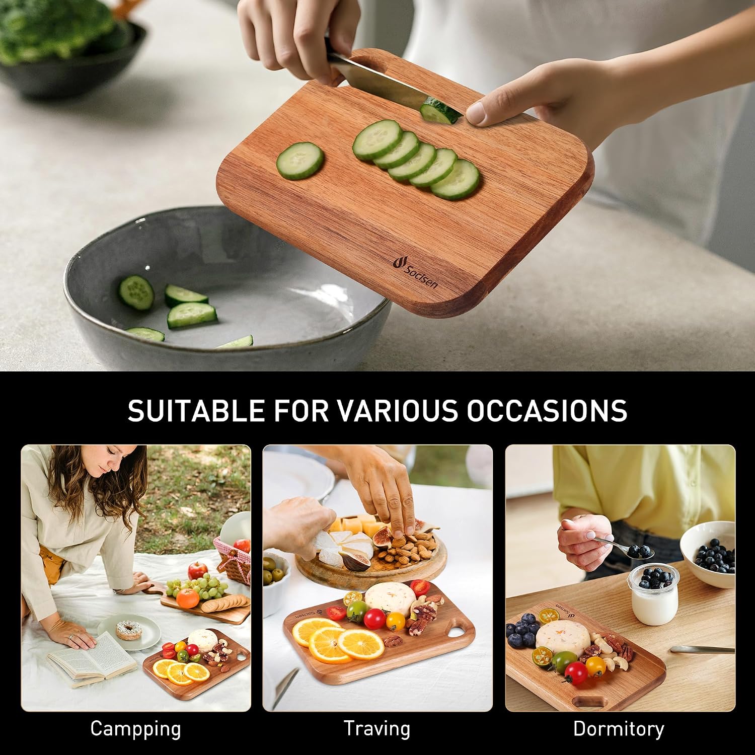 2 Pack Small Acacia Wood Cutting Board for Kitchen 8.6" x 6" Mini Wooden Charcuterie Boards Lightweight Chopping Board Non Toxic Serving Board Tiny Chef Set Camping Fruit Lemon Sandwich Cheese Board image 4