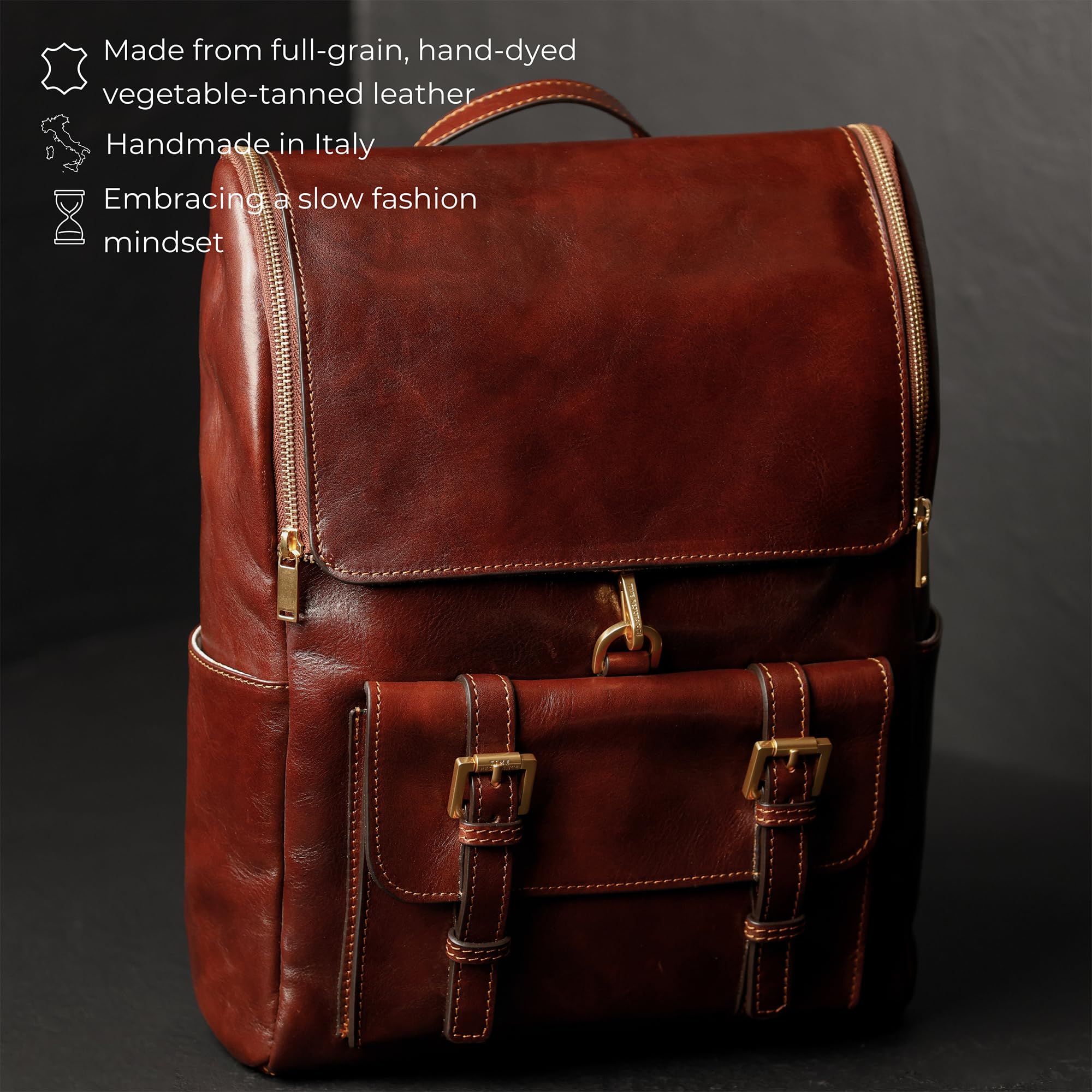 Time Resistance Rucksack aus Leder - Handgefertigt in Italien - 100% Lederrucksack - Vintage Rucksack Damen und Herren