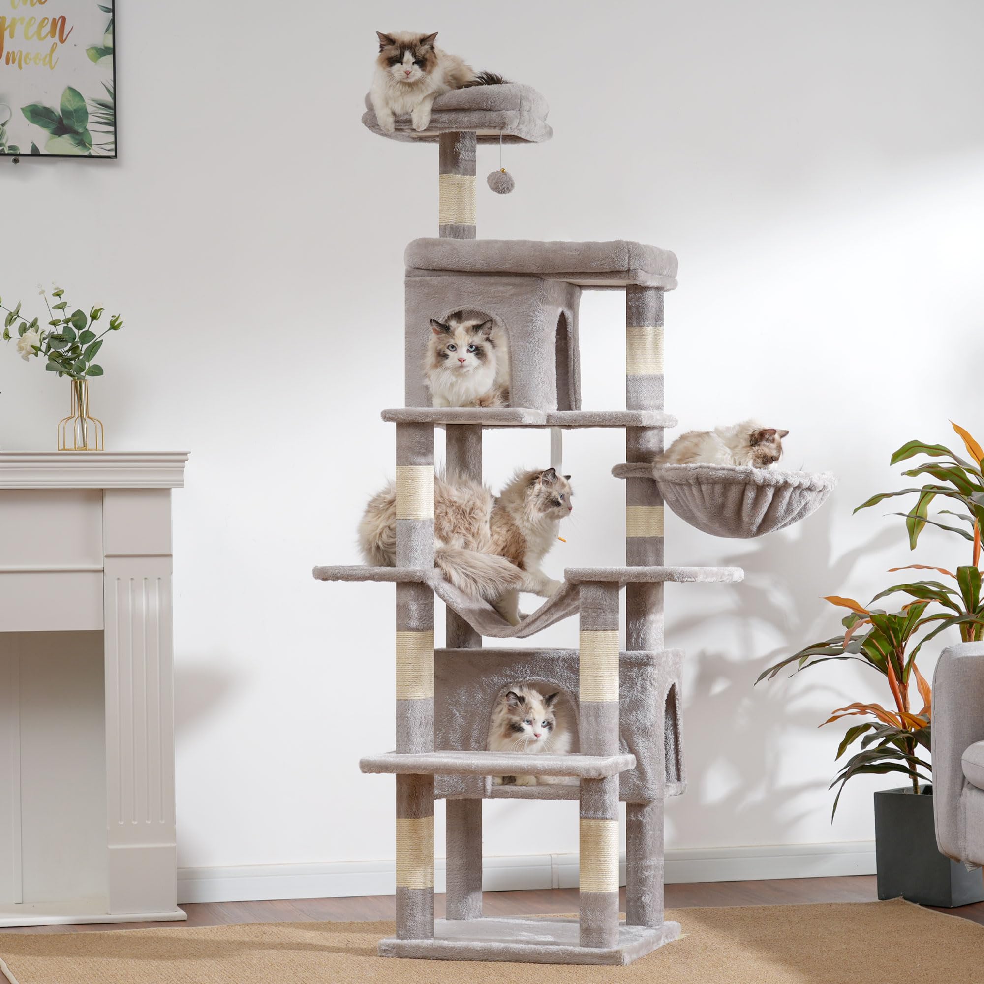Heybly Arbre À Chat, De 178 cm De Hauteur, Colonne À Griffer pour Les Chats D'Intérieur, Arbre À Chat Multi-Étagé avec 8 Colonnes À Griffer, 2 Trou, 2 Plateformes, Hamac, Panier, Gris Foncé HCT036W