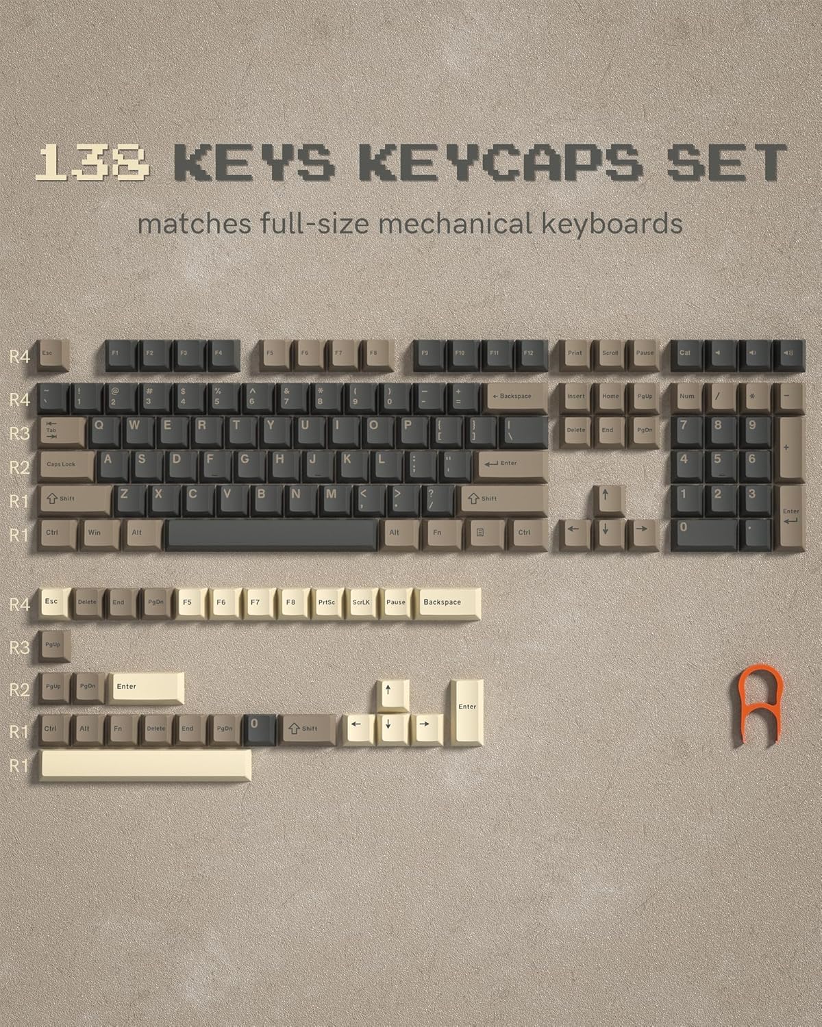 Keycaps 138 Double Shot, Cherry PBT Capuchons de Touches de Sublimation Colorant ANSI US 60 65 75 100% pour 61/64/68/84/87/100/104/108 Clavier mécanique de Jeu rétro, Marron/Gris