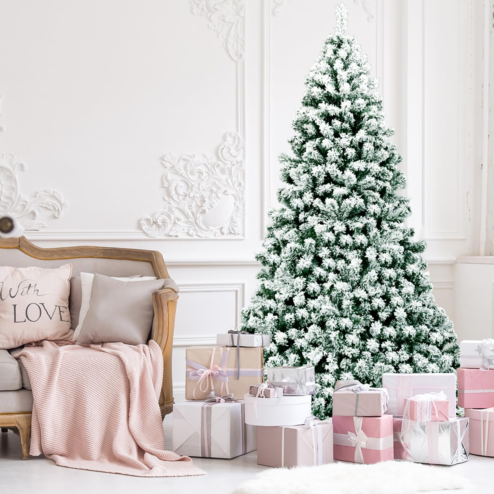 COSTWAY Albero di Natale Innevato 135/180/230 cm, Albero di Natale con 200/250/550 Luci LED Bianche Calde, 400/928/1346 Rami, Base in Metallo, Decorazione Natalizia per Casa e Negozio (230 cm)