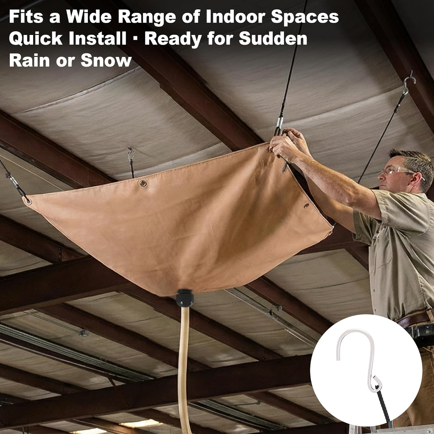 Tredre Ceiling Leak Diverter, Heavy Duty 420D Oxford Fabric Roof Ceiling Leak Drip Diverter Tarp with 10ft Drain Hose, Khaki, 7' x 7'