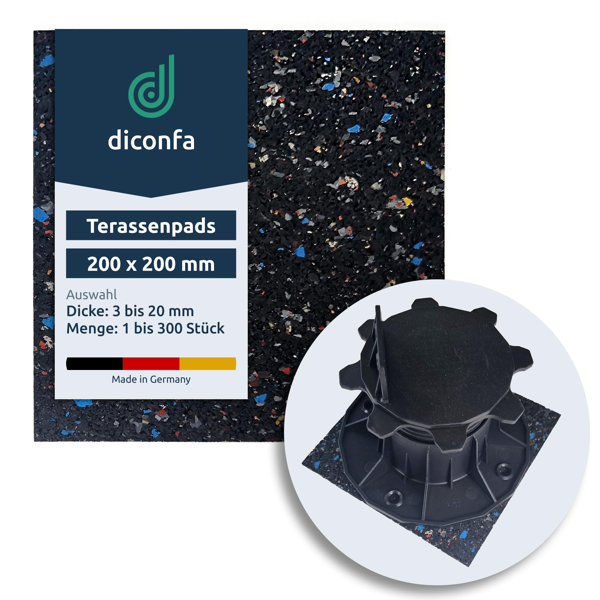 diconfa 50x Terrassenpads Gummigranulat 200x200mm, 5mm stark - WÄHLBAR - Dicke 3mm bis 20mm - Menge 1 bis 300 Stück - Gummipads Regenerat Plattenlager Stelzlager Terrassen-BAU Gerüstbau Transport