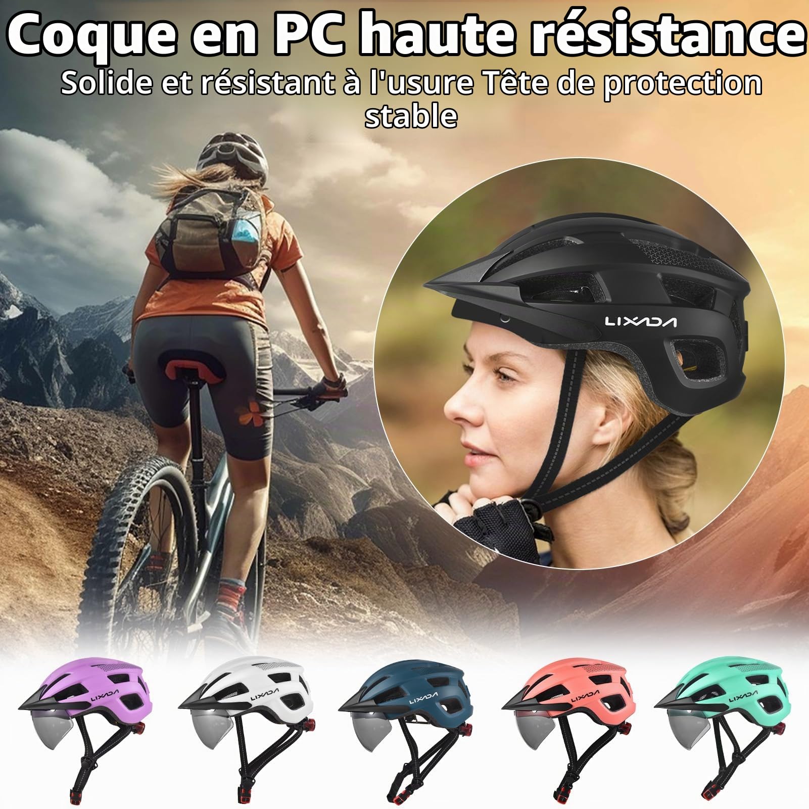 Lixada Casque de vélo,Casque Vélo VTT,Unisexe Casque avec Pare-Brise et Pare-Soleil, feu arrière Rechargeable, Casque de vélo réglable pour la sécurité et la Protection