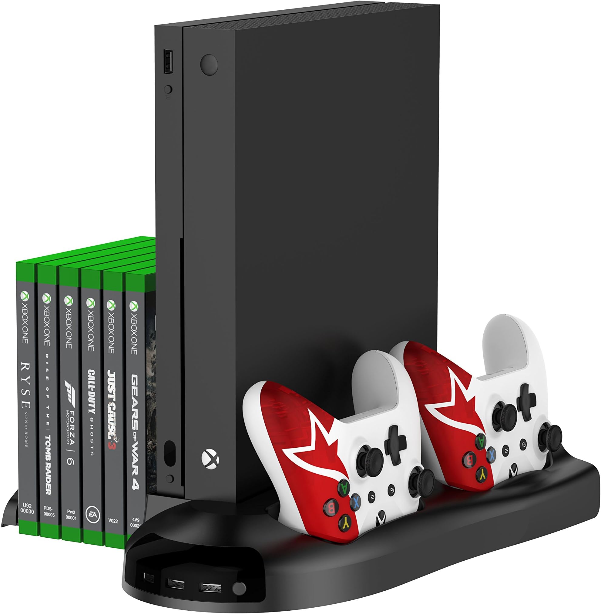 Yotenic Xbox One X Vertical Stand, Controller Charger Vertical Stand with Cooling Fan, Game Discs Storage and 3 USB Port Charging Station for Xbox One X(5-IN-1)