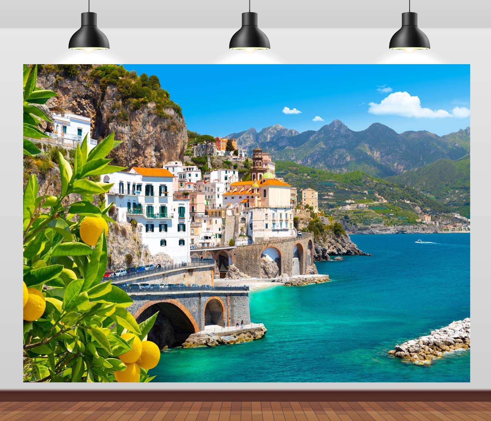 CORFOTO 8x6ft Italy Amalfi Coast Photo Backdrop Sea Landscape Background Luxurious Coastal Villas Lemons Tree Backdrop Europe Popular Travel Place
