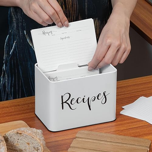 Miniatura 5 de Caja de recetas con tarjetas y divisores, caja de organización de recetas de diseño vintage de granja de metal blanco, juego de caja de tarjetas de