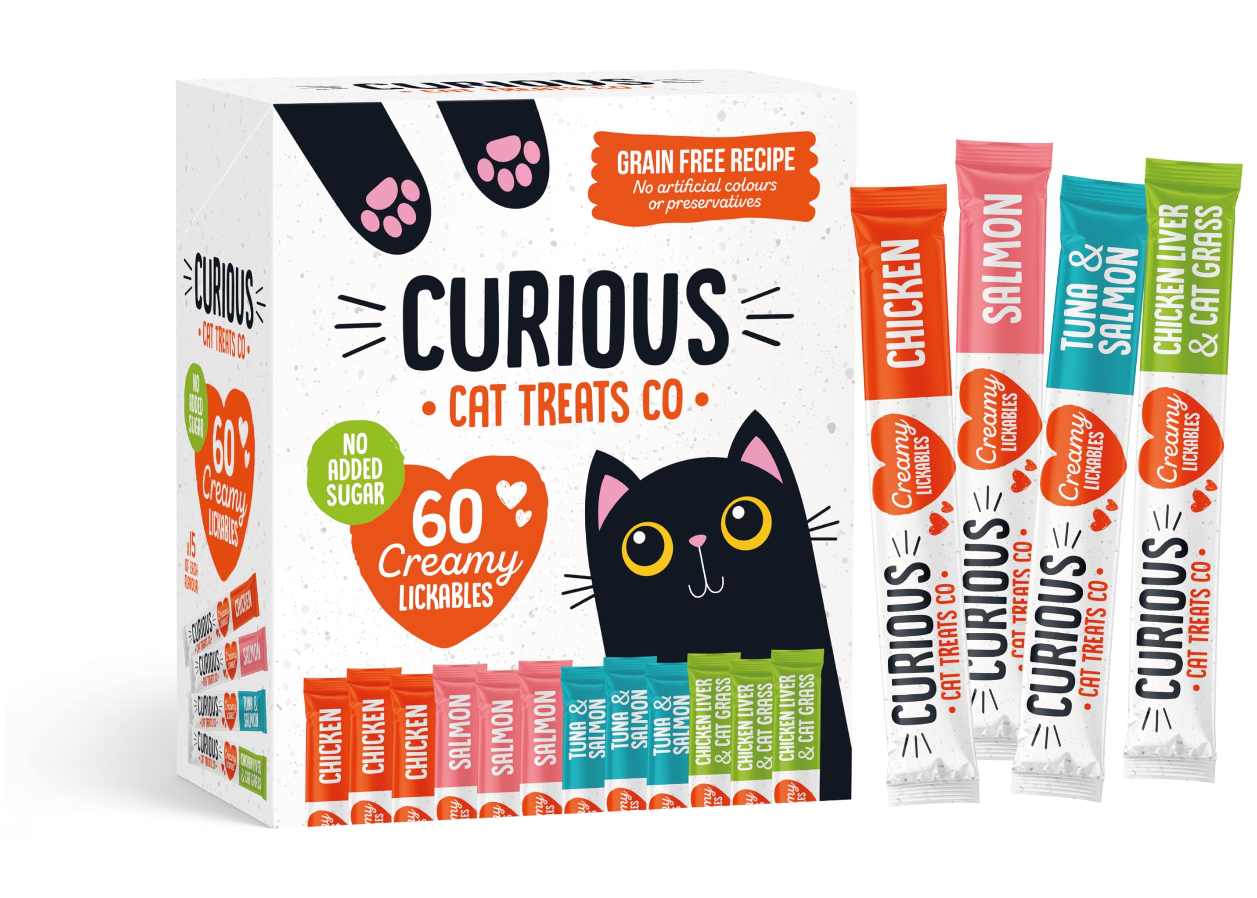 CURIOUS Creamy Cat Treats, 60 Pouches of Puree Food Topper, Cat Yogurt, Natural & Grain-Free, Lickable, Flavor Variety Pack (Chicken, Salmon, Tuna & Salmon, Chicken Liver Cat Grass), 15g x 60pk