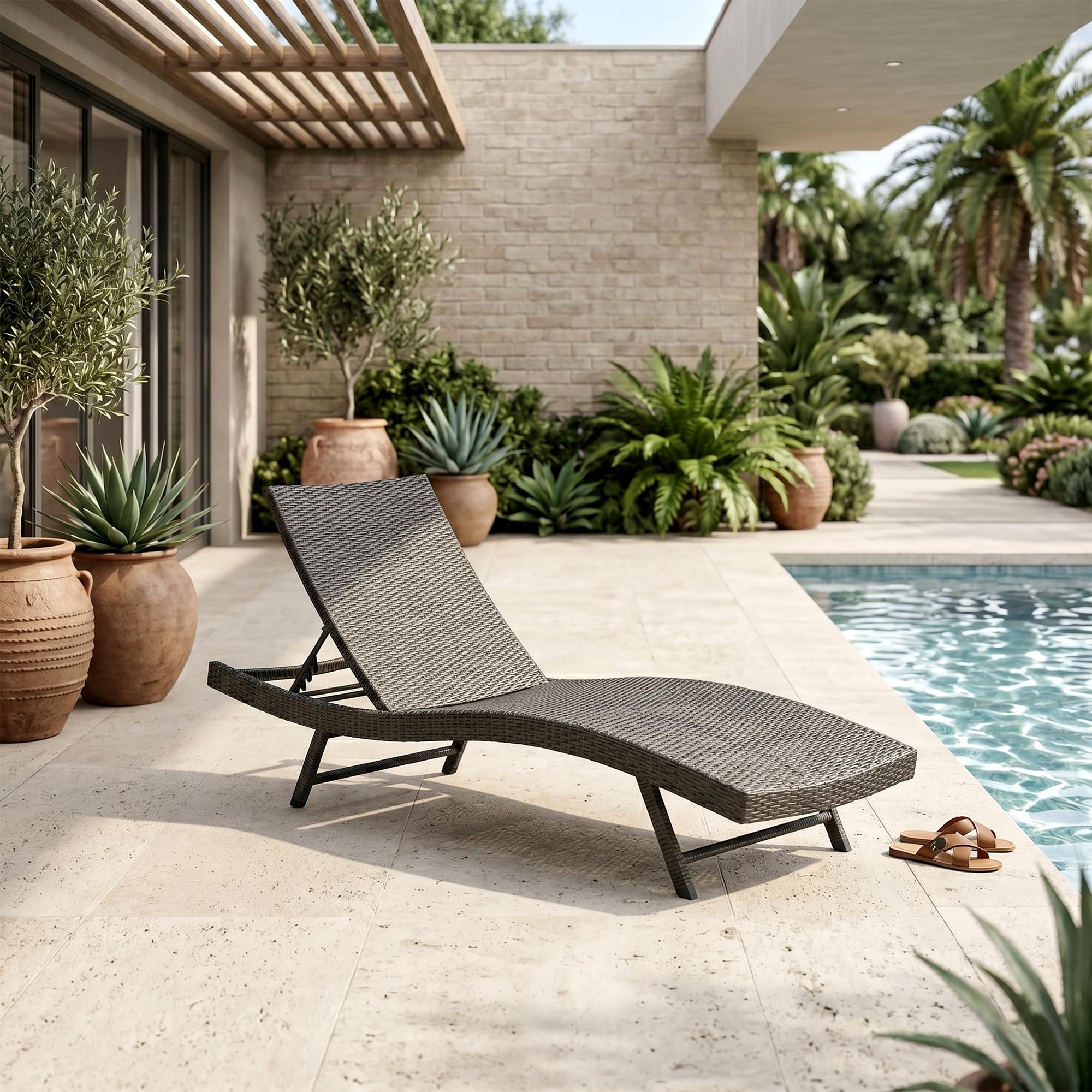 OUTLIVING Rattan & Wicker Outdoor Swimming Poolside Lounger Beach Sunbathing Lawn Patio Chaise Sun Lounger Chair with Adjustable Backrest (Black)