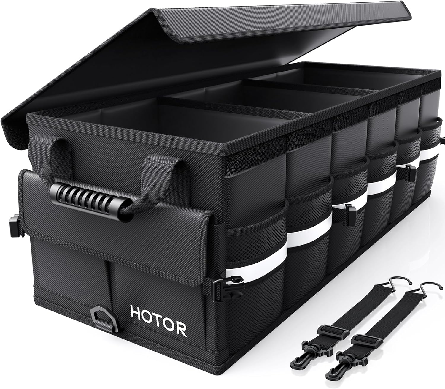 HOTOR Car Trunk Organizer - Foldable Trunk Organizer for SUV, Car Storage with Reflective Strips & Securing Cover, Large Capacity Car Accessories for Truck, Van & Sedan, Black, 33.1" x 12.6" x 11.0"