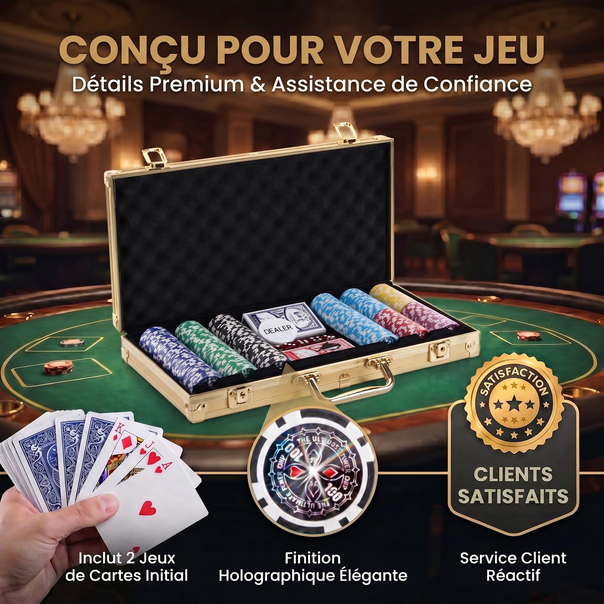 Mallette de poker Profi Pokerset comprenant 300-500 jetons de poker de haute qualité ; deck de poker, jeu de cartes, cartes de poker, dés, bouton de croupier ; casino à domicile (Or, 500 Jetons)