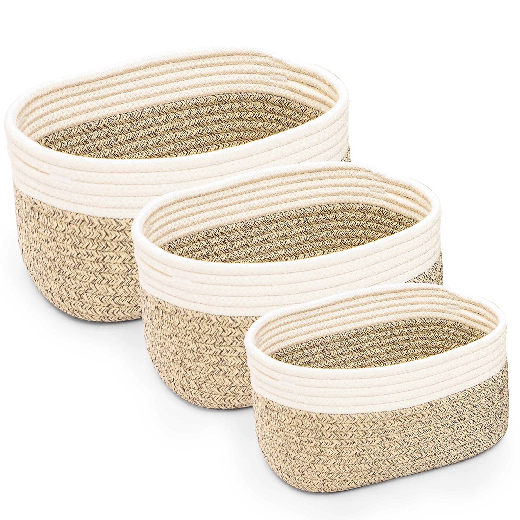 FCG Home® | Rope Woven Storage Baskets Set of 3 | Small Cotton Rope Basket for Shelves | Nursery Decor Organizer Bins | Bathroom Storage Basket (Brown & White)