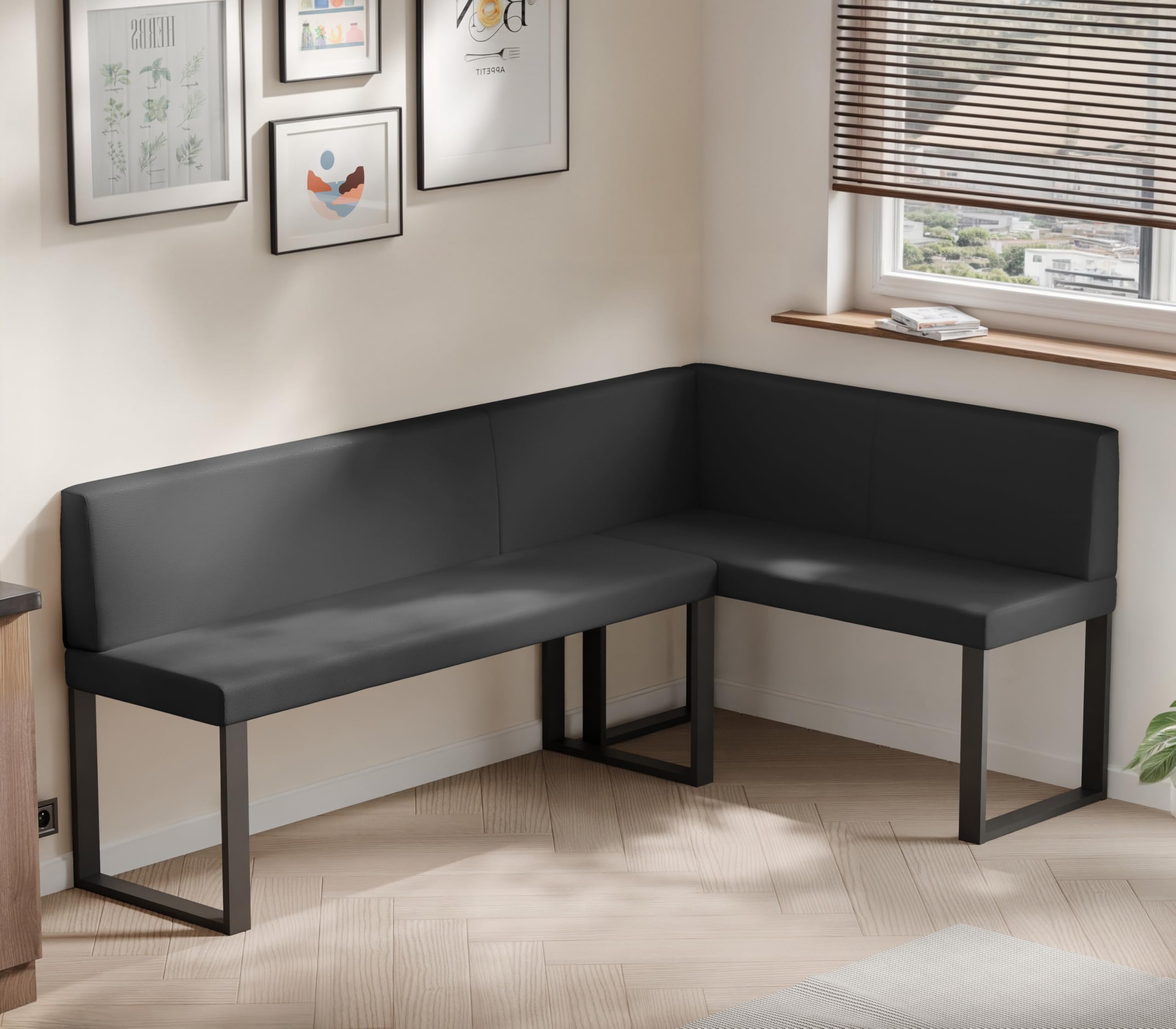 Rechts/Links 142x196 cm Esszimmerbank mit Rückenlehne auf Metallbeinen - universelle gepolsterte Eckbank fürs Esszimmer - Sitzhöhe 42 cm