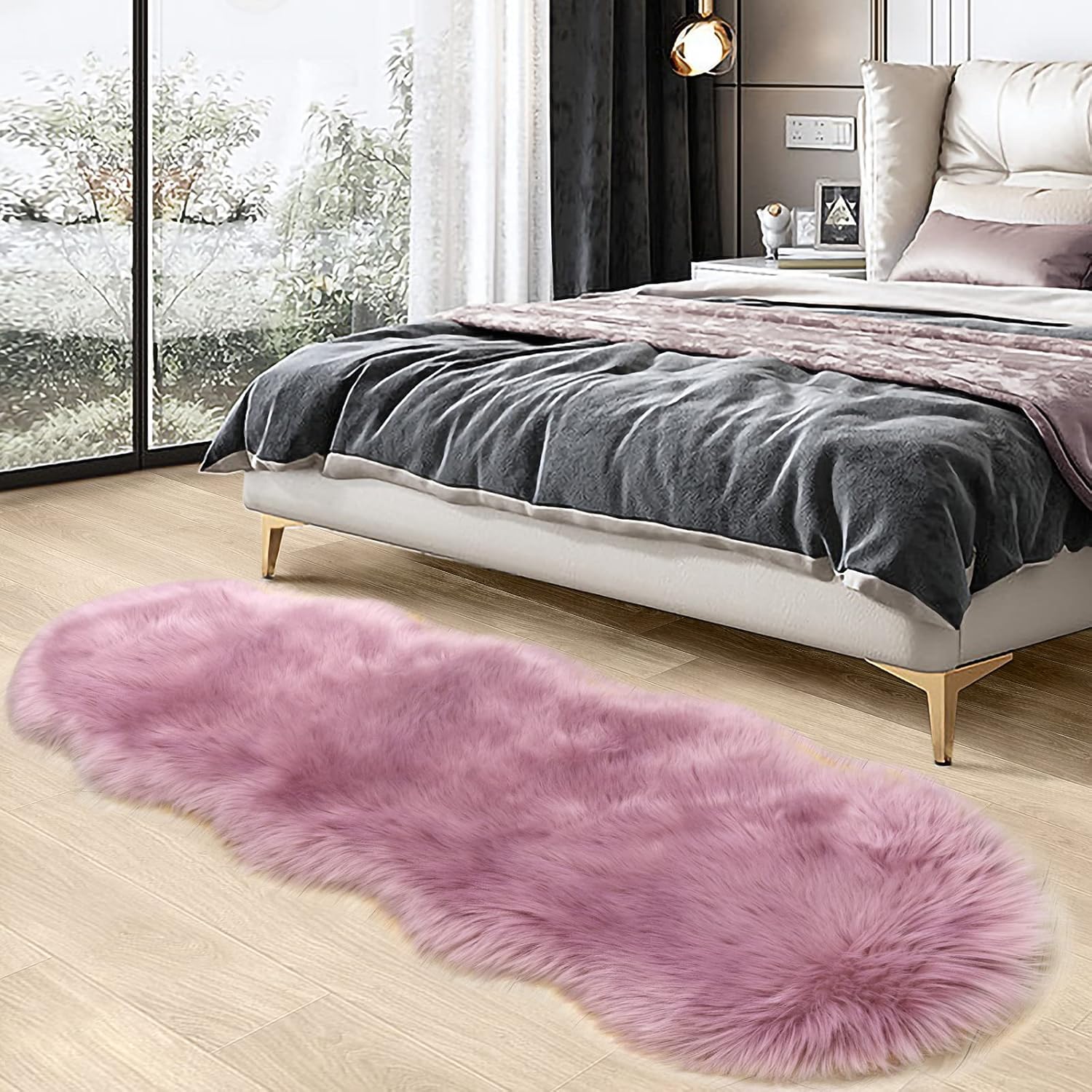 SERISSA Ultra Soft Fluffy Light Purple Faux Sheepskin Fur Shaggy Couch Cover Furry Carpet for Kids Room Fuzzy Plush Rug for Bedroom Living Room Runner, 2x6 Feet (Sheepskin Shape, Light Purple)