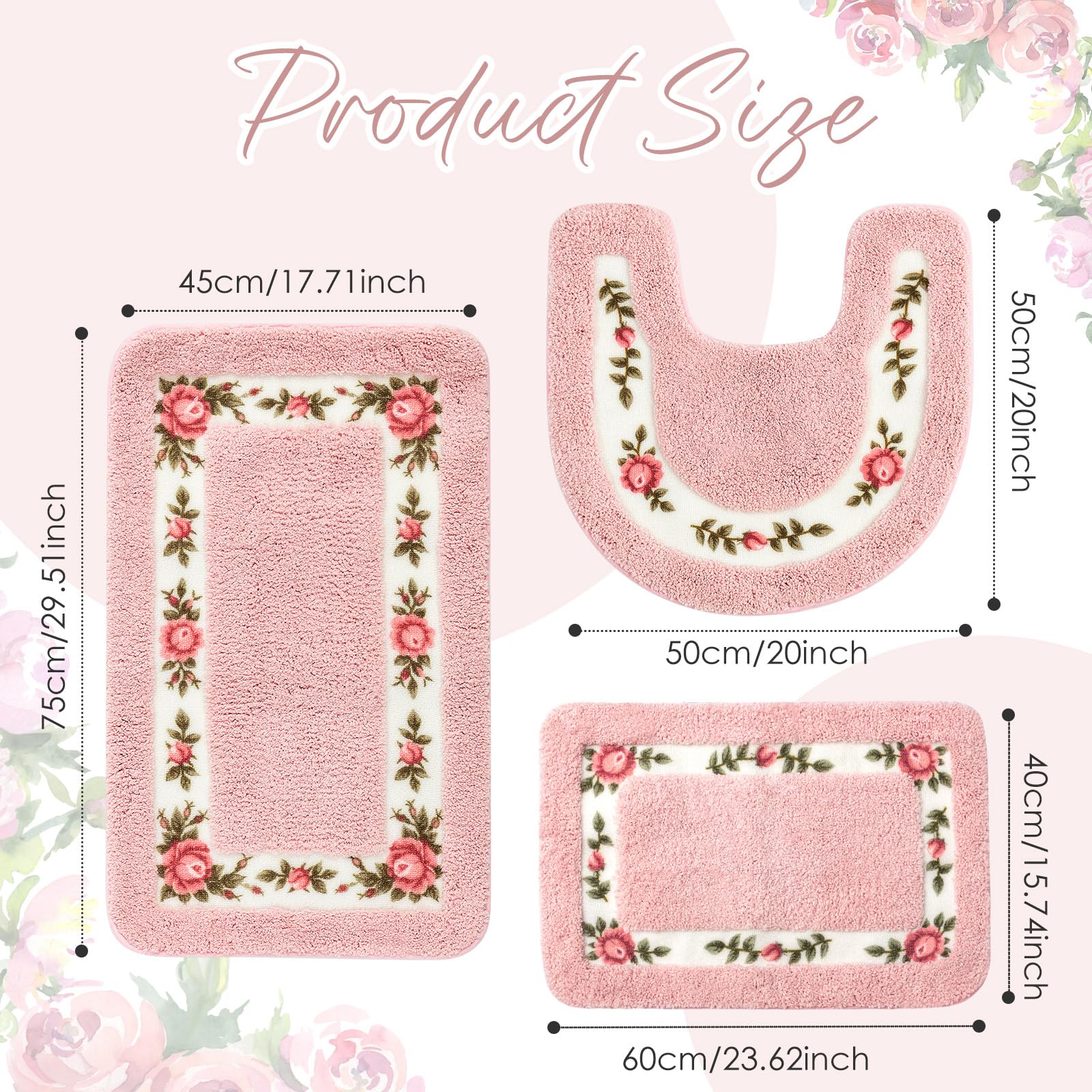 Drydiet 3 tappeti da bagno romantici con rose e fiori, per camera da letto, rosa, assorbente, antiscivolo, per casa, soggiorno, cucina, hotel, WC, pavimento, 2 forme