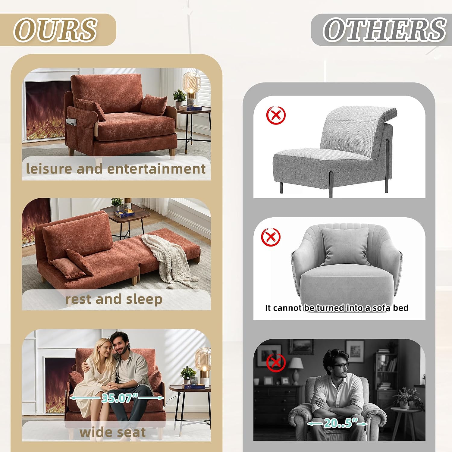 Mid-Century Modern Accent Chair, 2-in-1 Foldable Sofa Couch Convertible Sleeper Bed, Extra Wide Upholstered Armchair with 3 Pillows & Side Pocket for Living Room Bedroom (Orange)