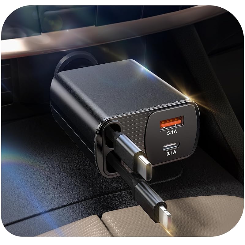 Carregador veicular retrátil 4 em 1 com USB Type A e USB Type C, até 85 W, preto, CSODINCE, Kit com 2