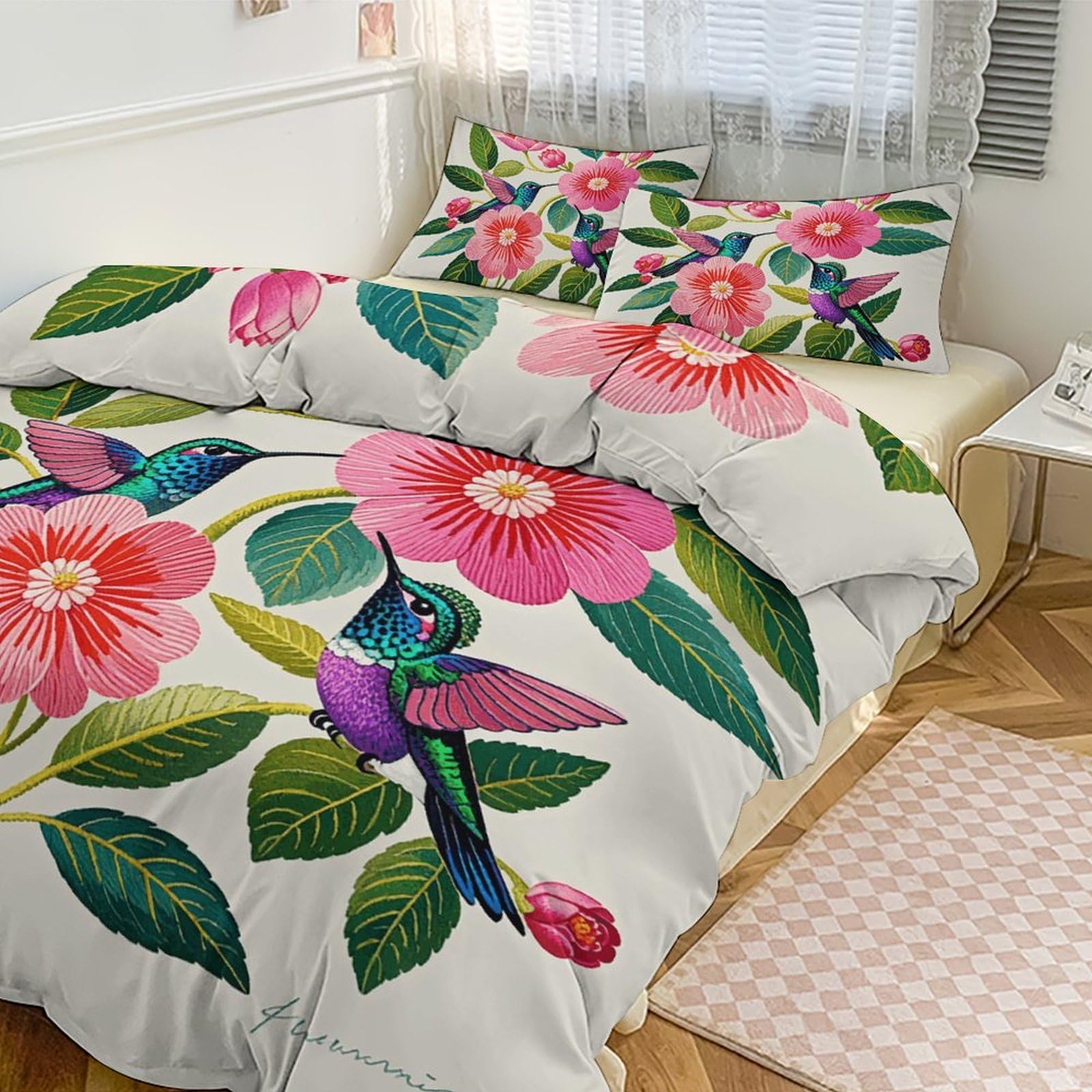 Housse de couette colibris 259x228 cm et 2 taies d'oreiller pour grand lit