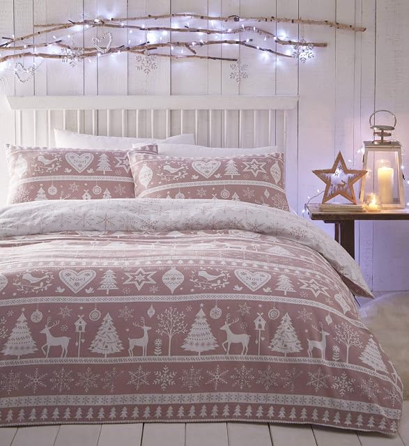 Portfolio Scandi Flannelette Duvet Cover Christmas Reversible Bed Set, Pink, Double