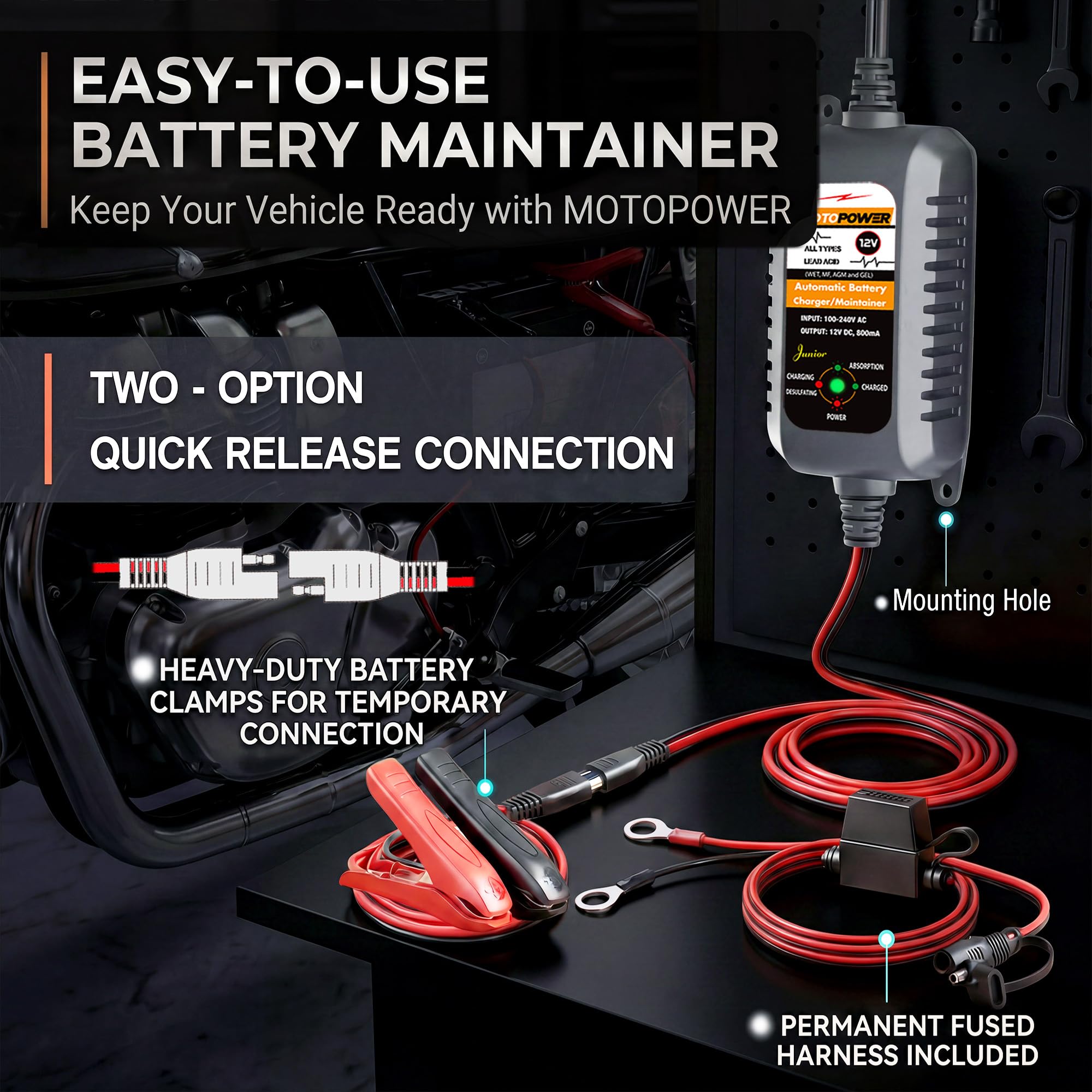 MOTOPOWER MP00205A Lot de 2 chargeurs de Batterie automatiques 12 V 800 mA, mainteneur de Batterie, Chargeur à régime Lent et désulfateur de Batterie