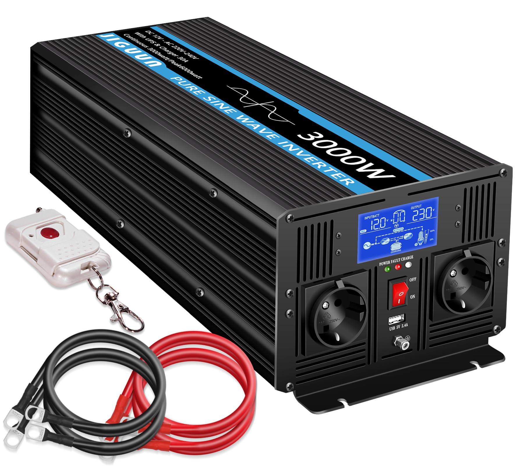 JIGUUN 3000W Convertisseur 12V 220V Pur Sinus | Chargeur 30A et Fonction priorité Secteur et ASI，2 Prises EU，Commande sans Fil et Affichage LCD Puissance de crête 6000W