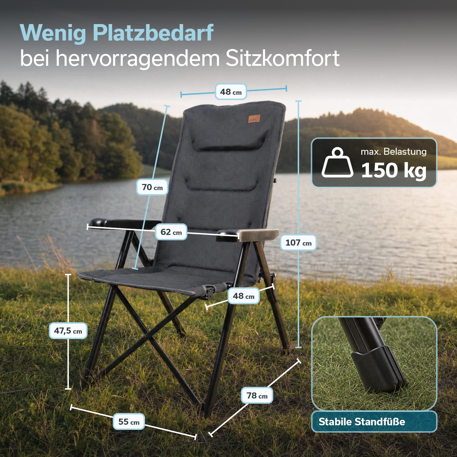 Skandika Klappstuhl Lepola | Campingstuhl faltbar aus Aluminium, Alu-Gartenstuhl, 7-Fach verstellbare Rückenlehne, 180kg belastbar, klappbar, hohe Lehne, Kopfstütze | Camping, Garten
