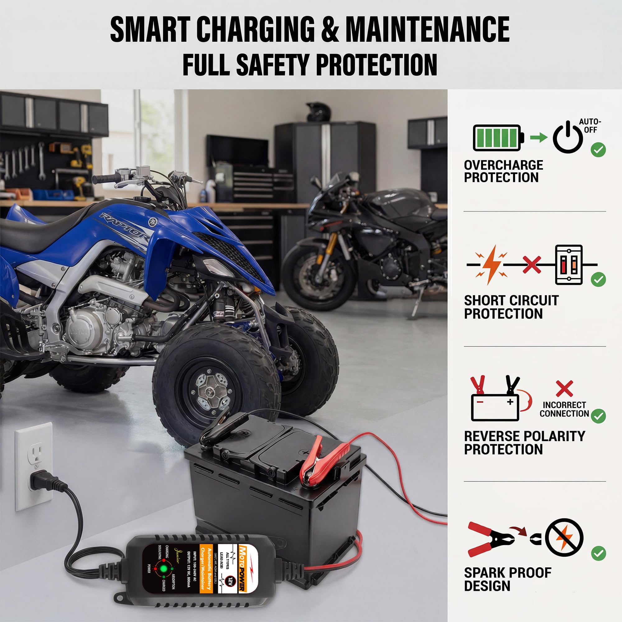 MOTOPOWER MP00205A Lot de 2 chargeurs de Batterie automatiques 12 V 800 mA, mainteneur de Batterie, Chargeur à régime Lent et désulfateur de Batterie