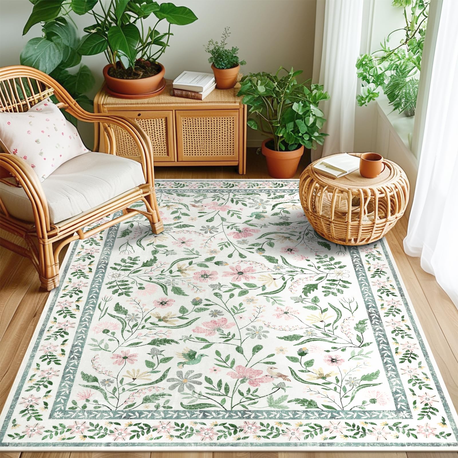 SHACOS 4x6 Boho Area Rugs for Living Room, Machine Washable Floral Carpet for Bedroom Non Slip Soft Nursery Rugs for Kids Room Dining Room Entryway