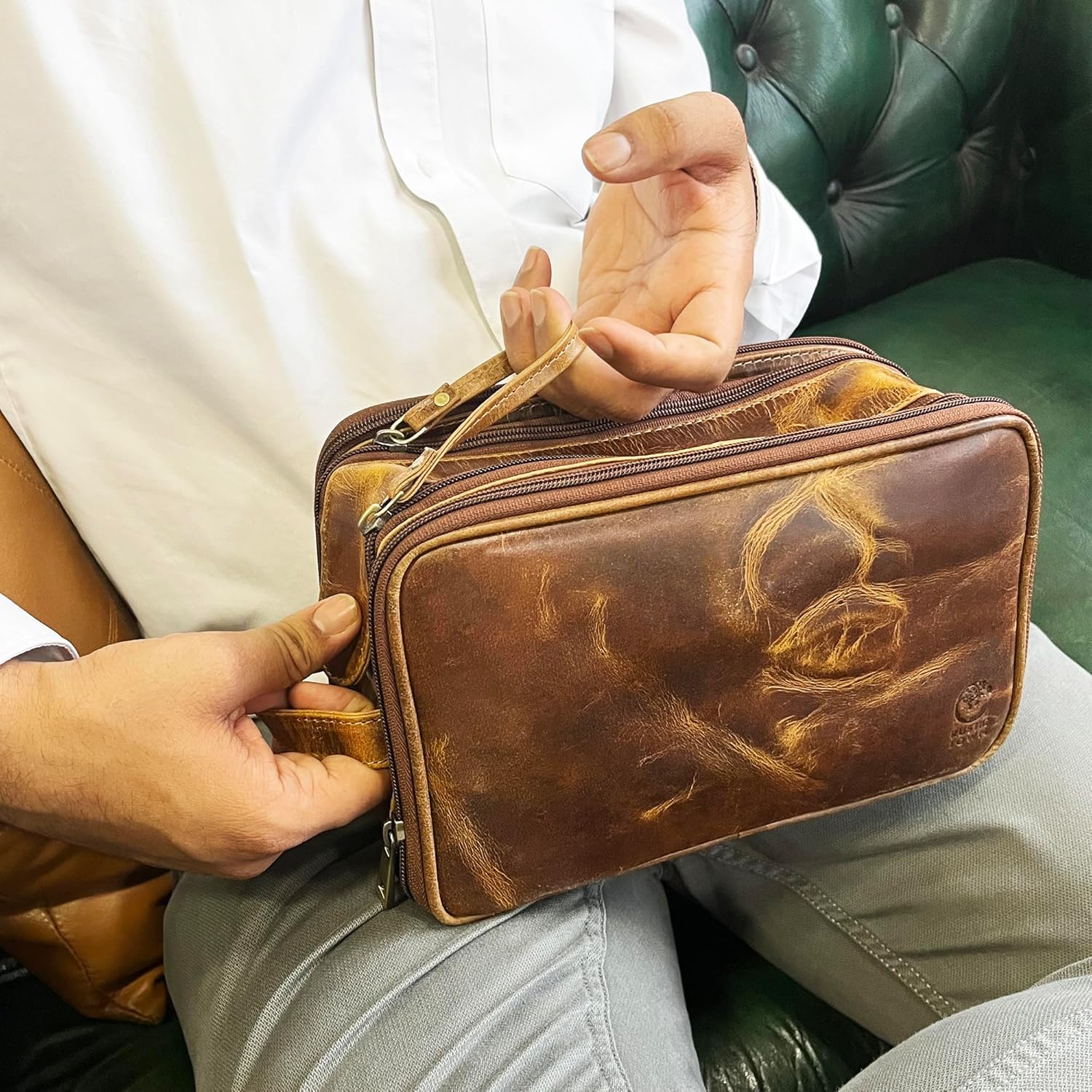 RUSTIC TOWN Leather Toiletry Bag - Men Shaving Ditty Kit - Women Cosmetic Bag Makeup Organizer for Travel Size Toiletries