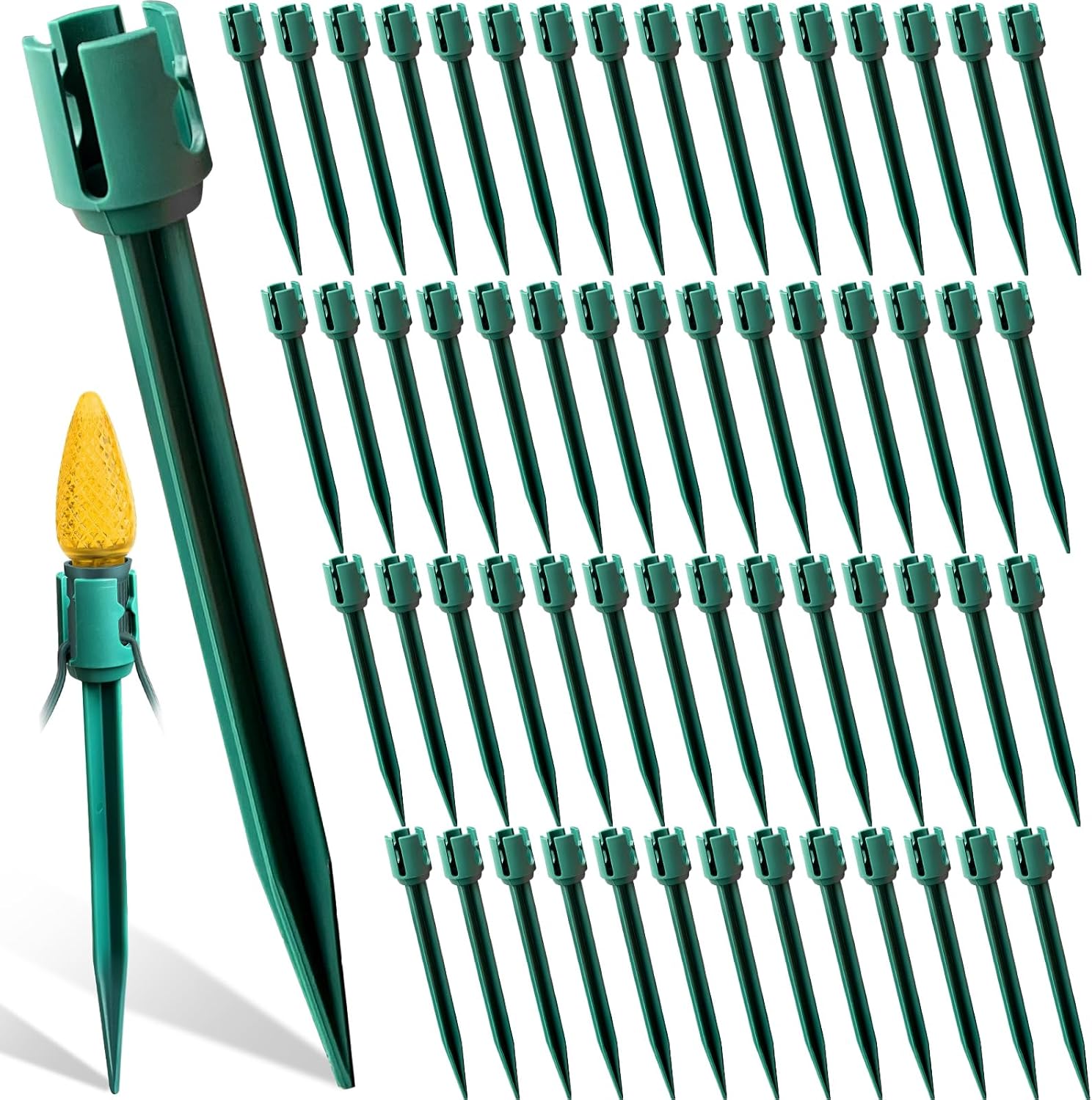 50 Pcs Christmas Light Stakes, 7.5 Inch Universal Yard Lawn Light Stakes for C7 C9 Christmas String Lights for Outdoor Garden Lawn Patio Path Walkway Green 50