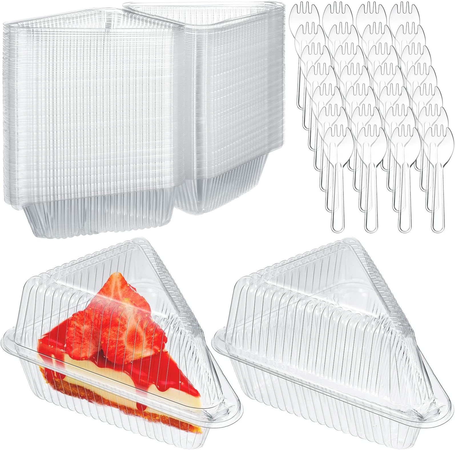 100 Pcs Cake Slice Plastic Containers with Lid and 100 Spoon Single 5 Clear Hinged Lid Container for Party Dessert Sandwiches Bakery Delivery Takeout